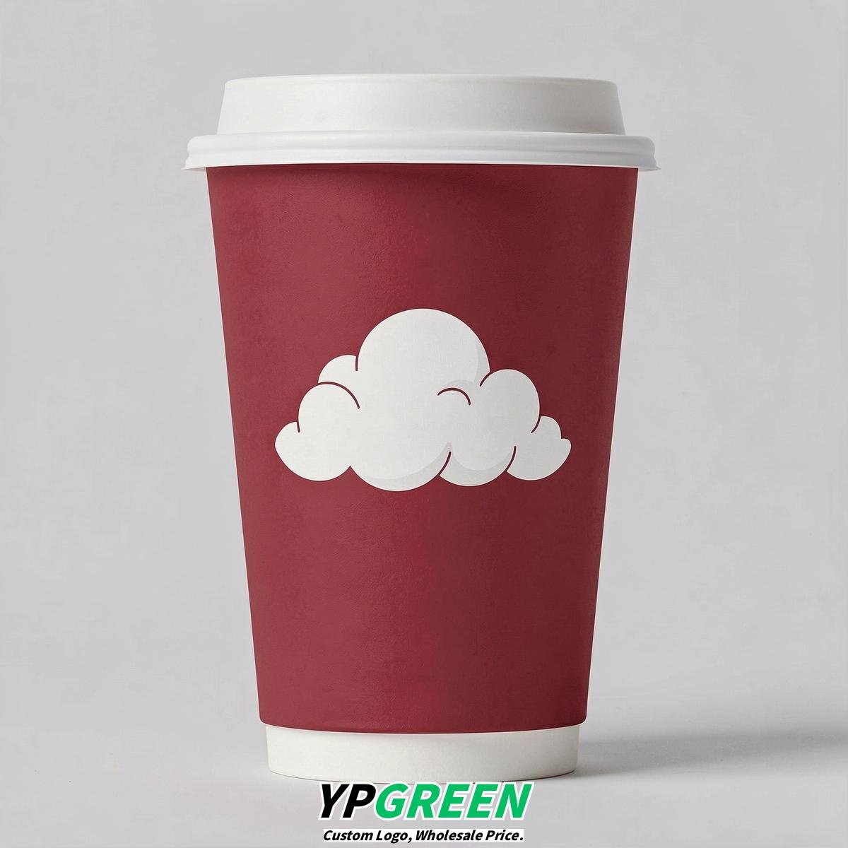 Crimson Paper Cups with Clouds Logo & Lids 8-24oz