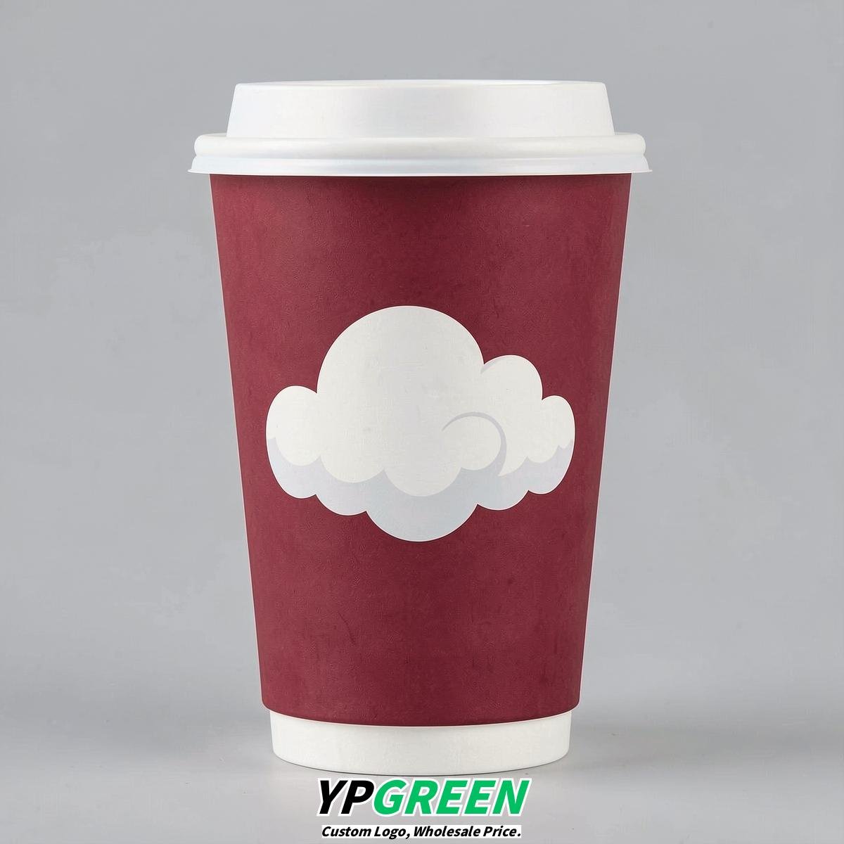 Crimson Paper Cups with Clouds Logo & Lids 8-24oz