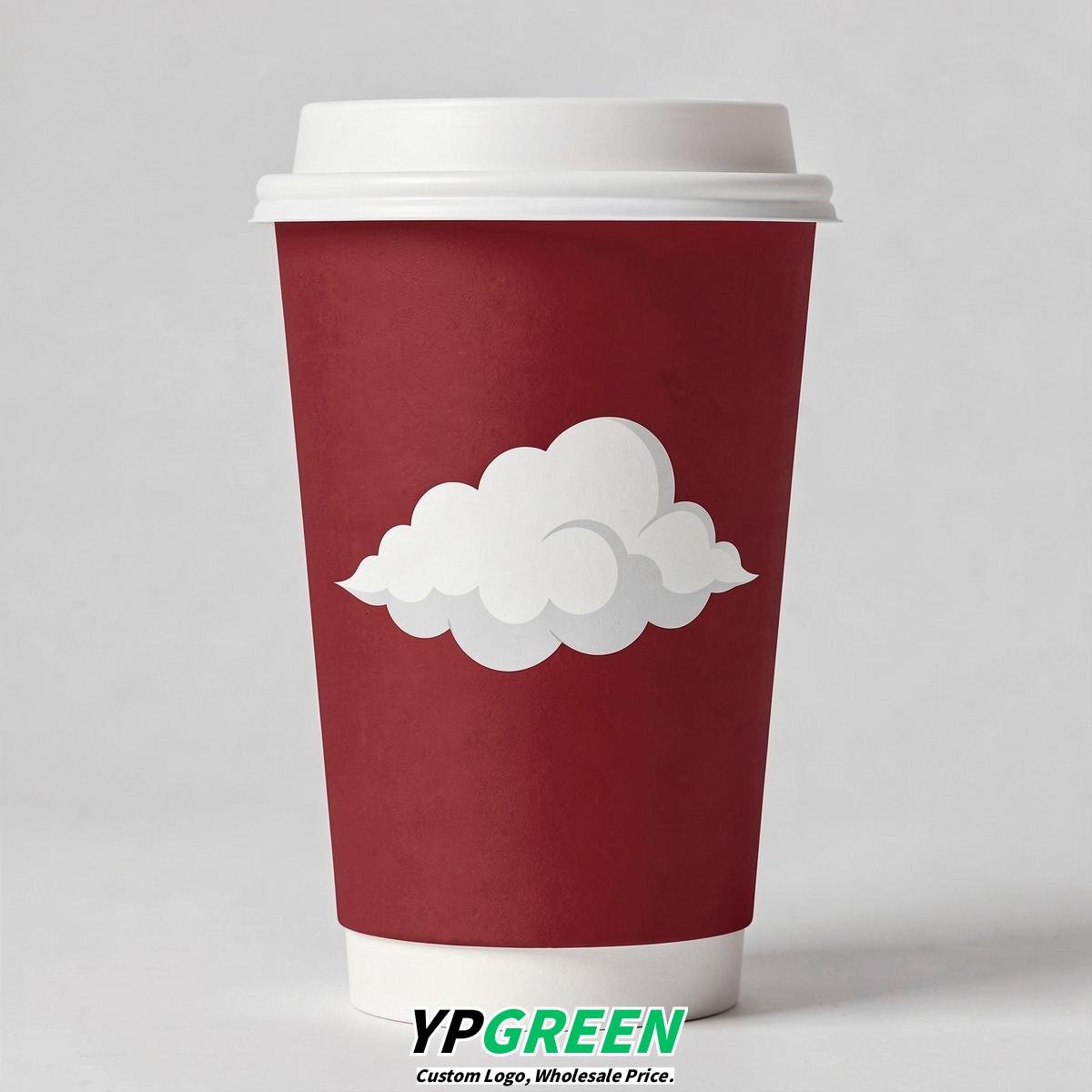 Crimson Paper Cups with Clouds Logo & Lids 8-24oz