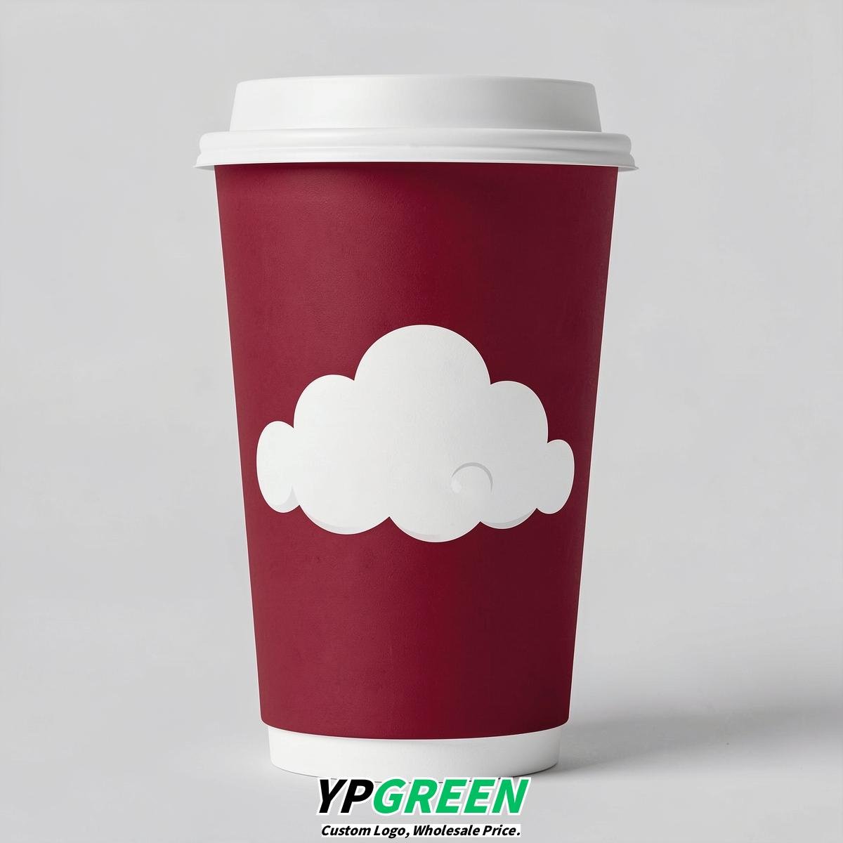 Crimson Paper Cups with Clouds Logo & Lids 8-24oz