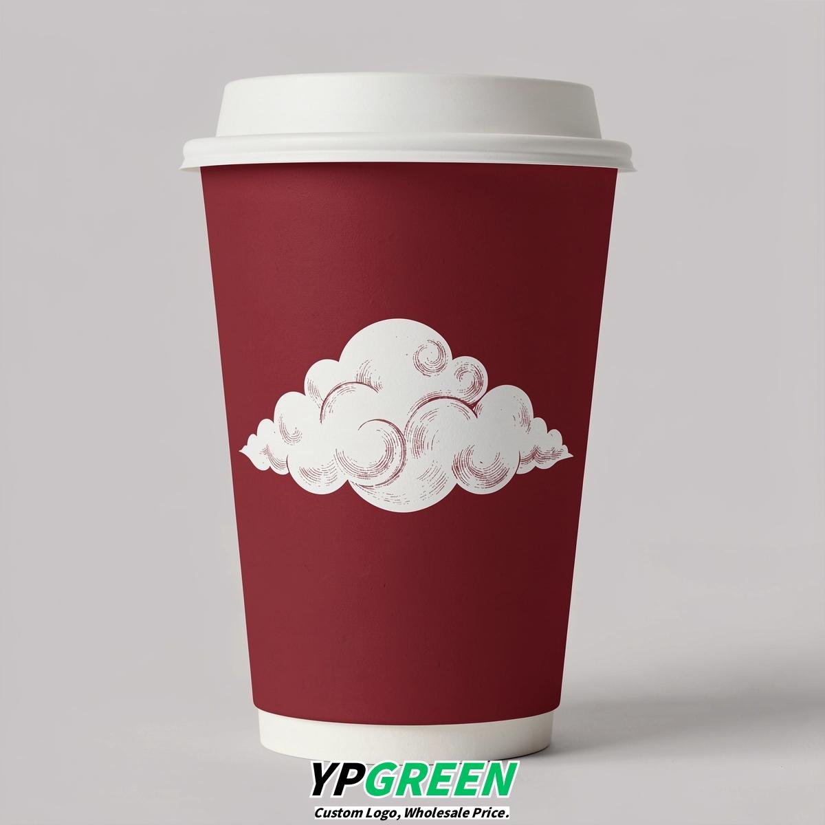 Crimson Paper Cups with Clouds Logo & Lids 8-24oz
