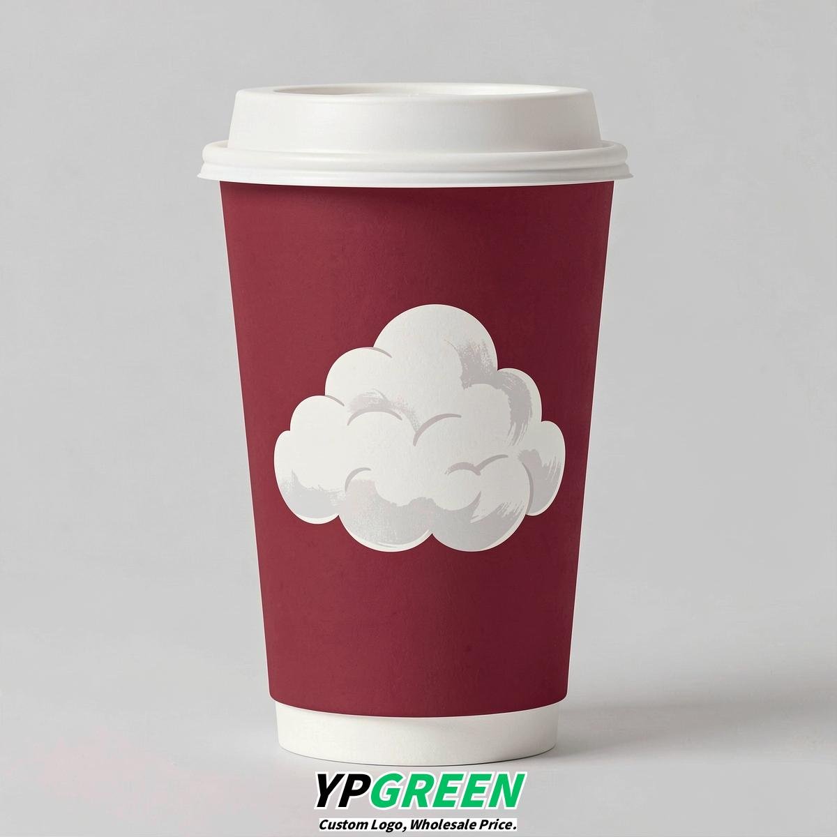 Crimson Paper Cups with Clouds Logo & Lids 8-24oz