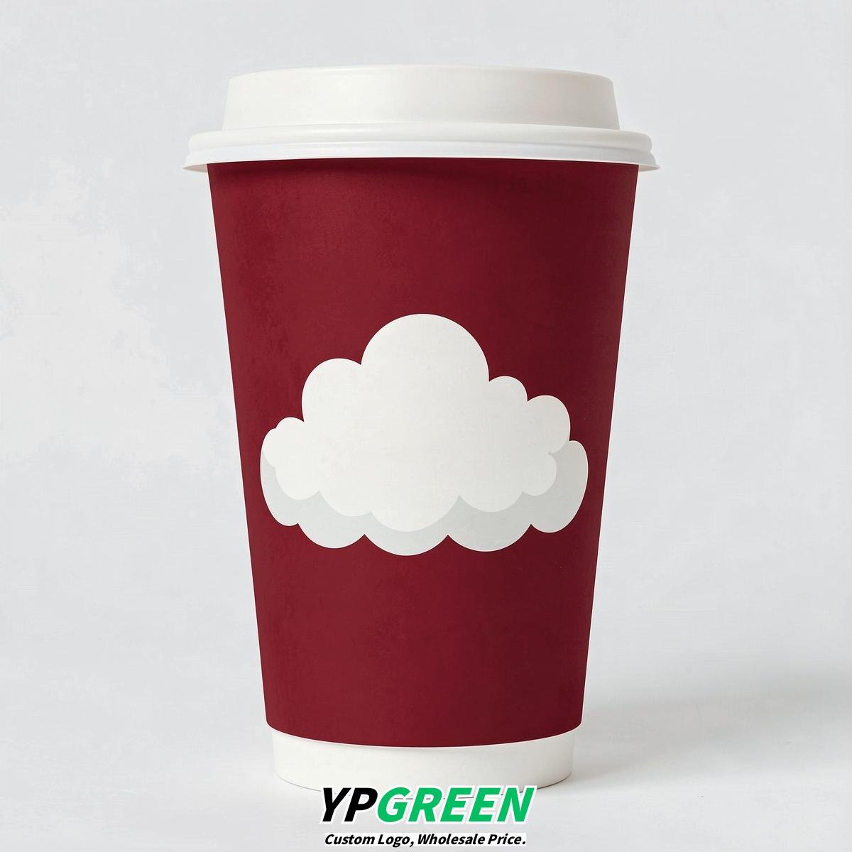 Crimson Paper Cups with Clouds Logo & Lids 8-24oz