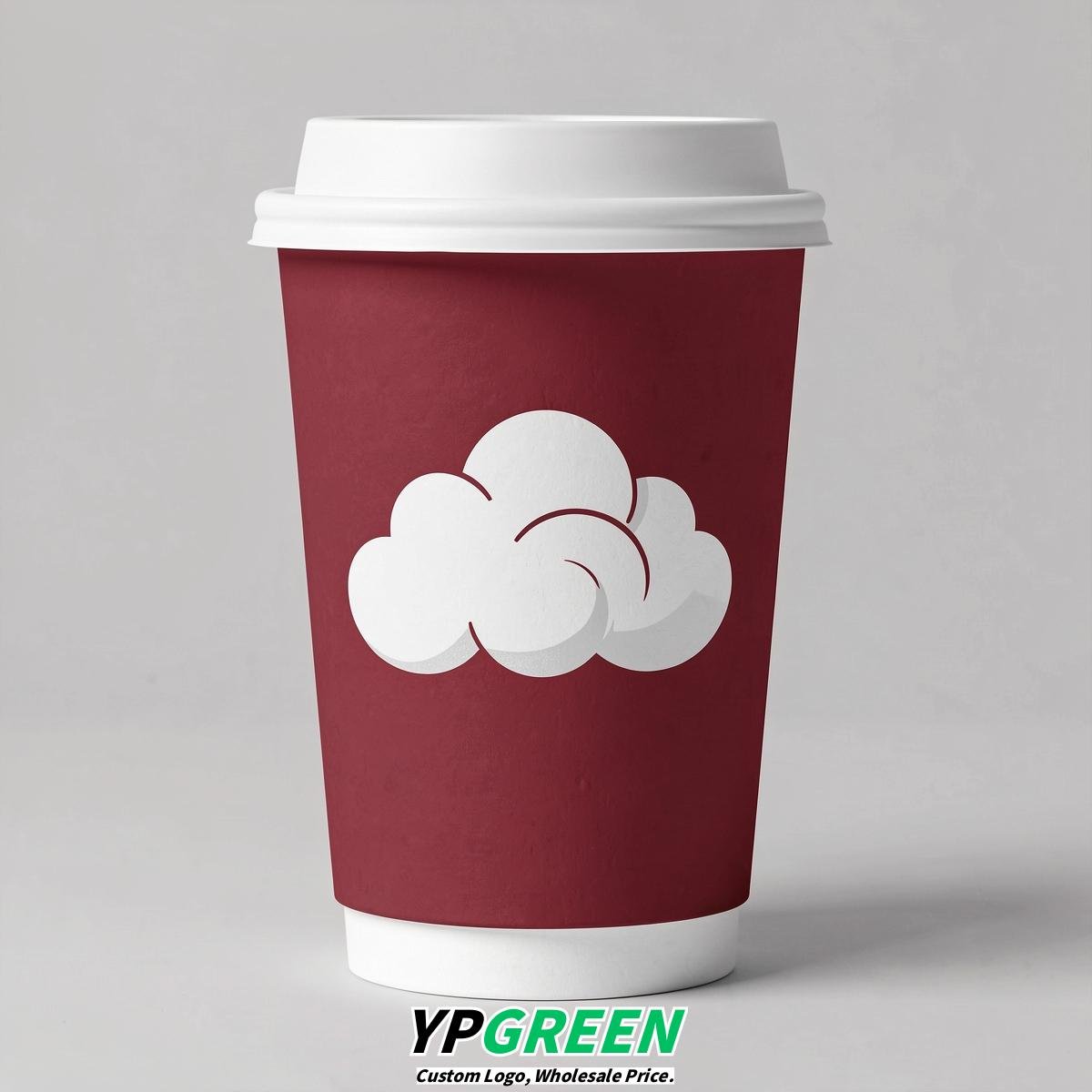 Crimson Paper Cups with Clouds Logo & Lids 8-24oz