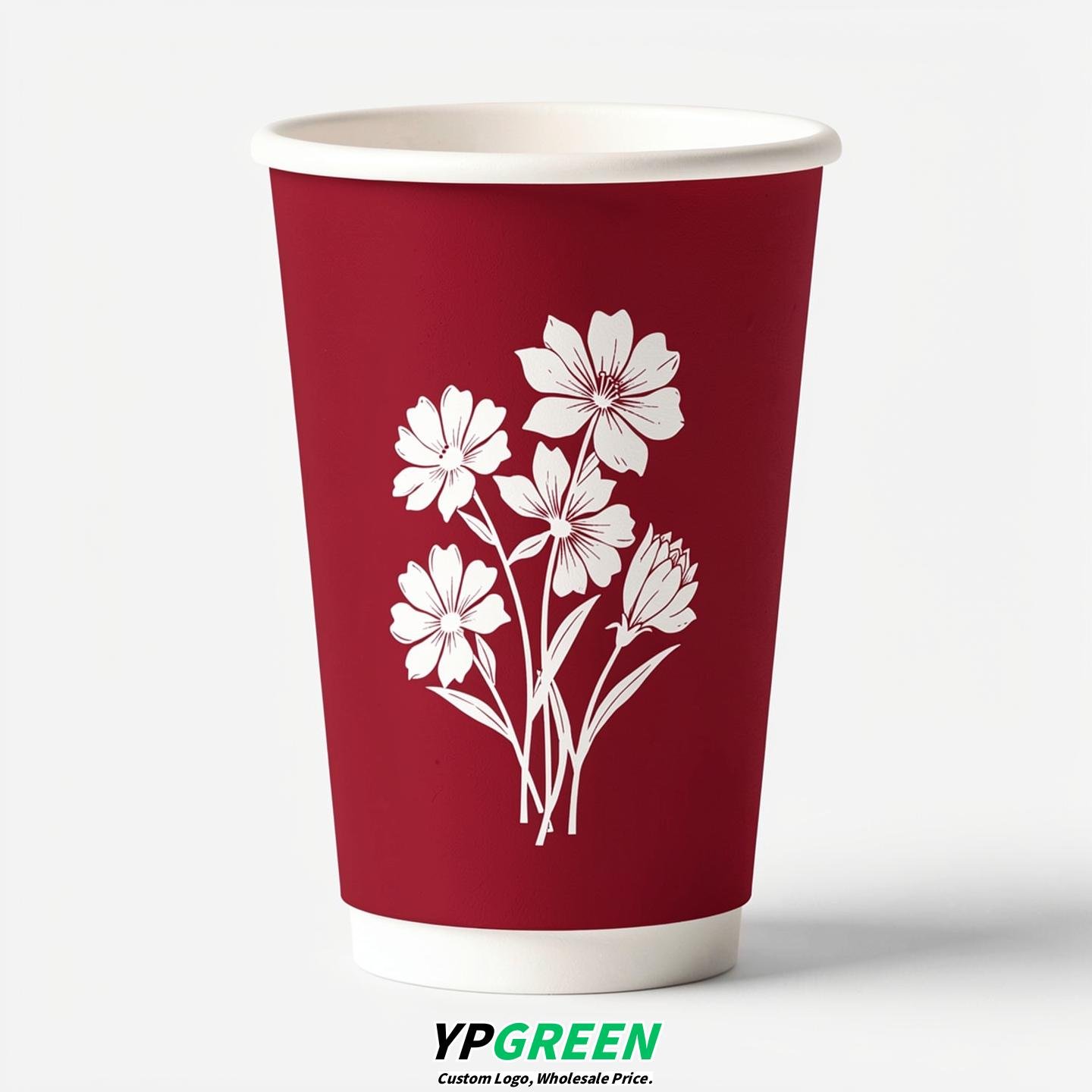 Crimson Floral Paper Cups with Lids 8-24oz