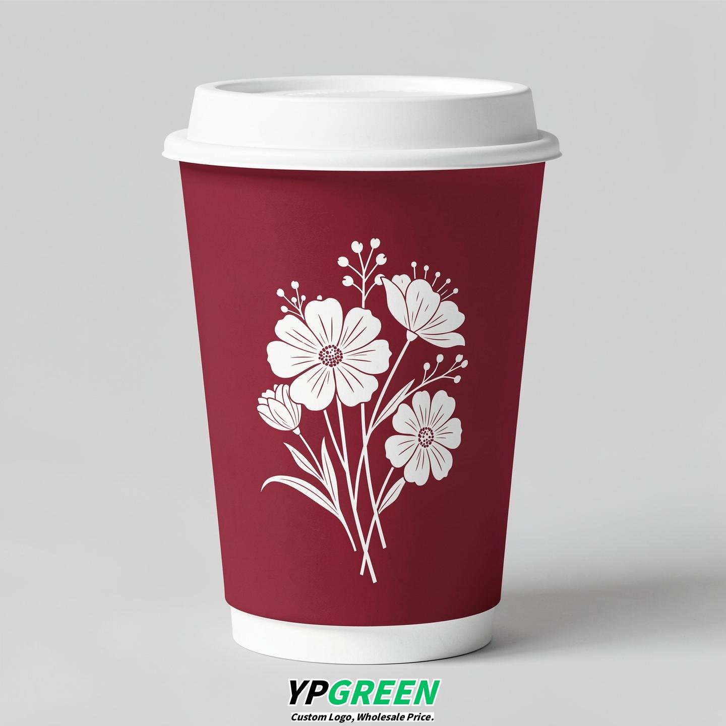 Crimson Floral Paper Cups with Lids 8-24oz