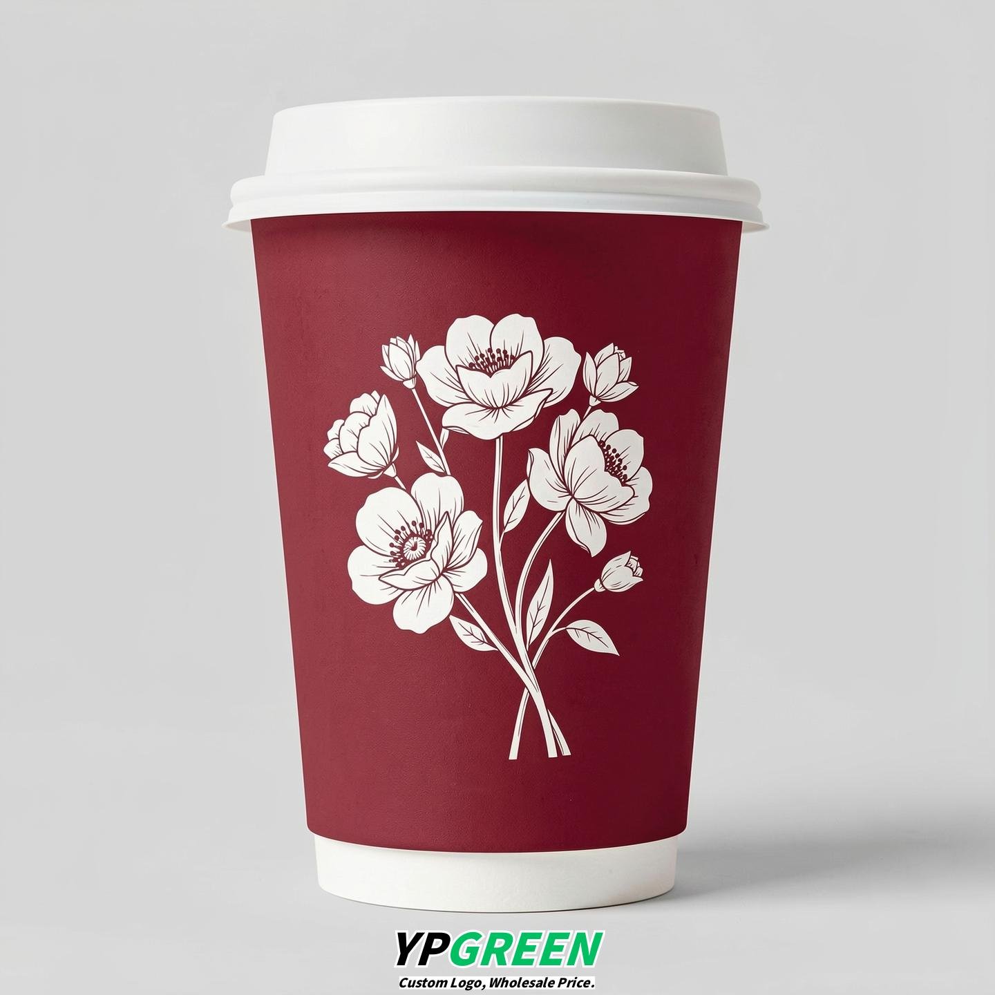 Crimson Floral Paper Cups with Lids 8-24oz