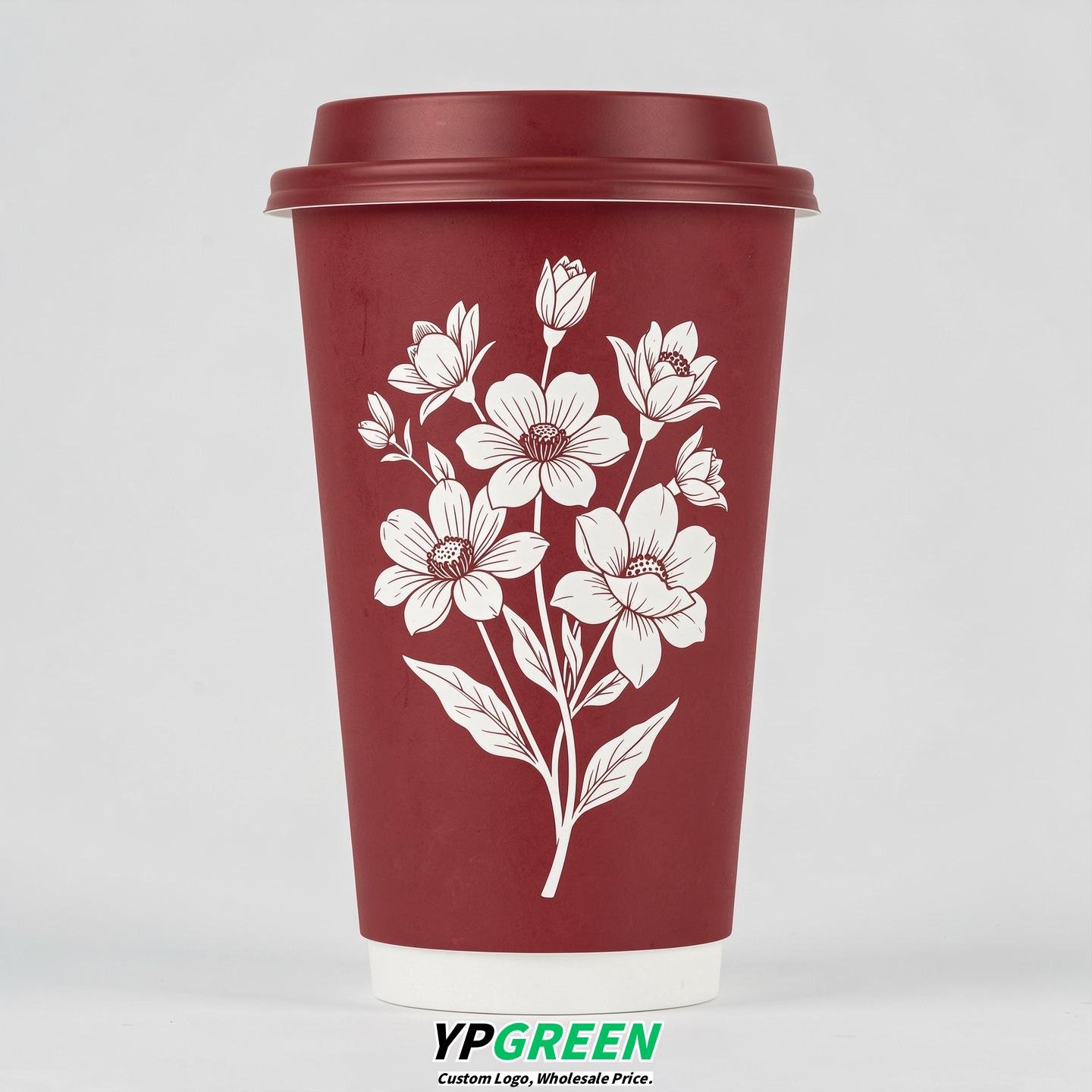 Crimson Floral Paper Cups with Lids 8-24oz