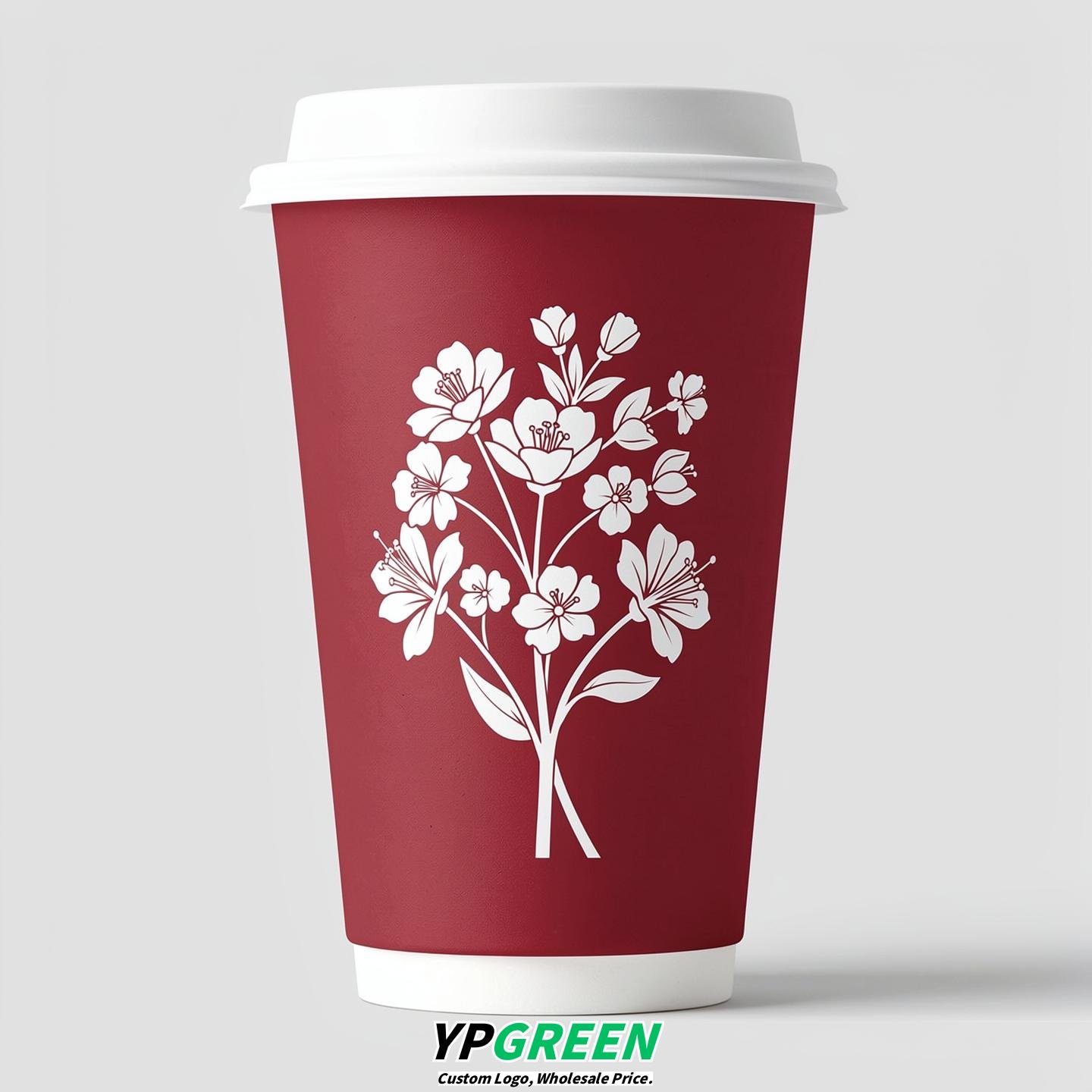 Crimson Floral Paper Cups with Lids 8-24oz