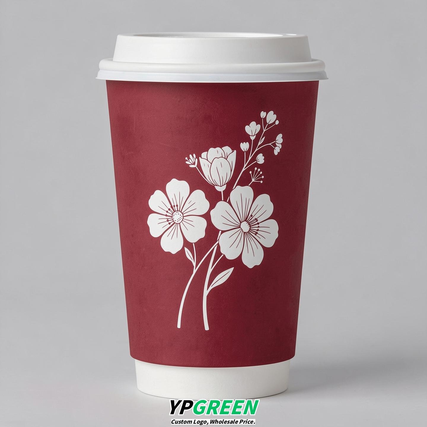 Crimson Floral Paper Cups with Lids 8-24oz