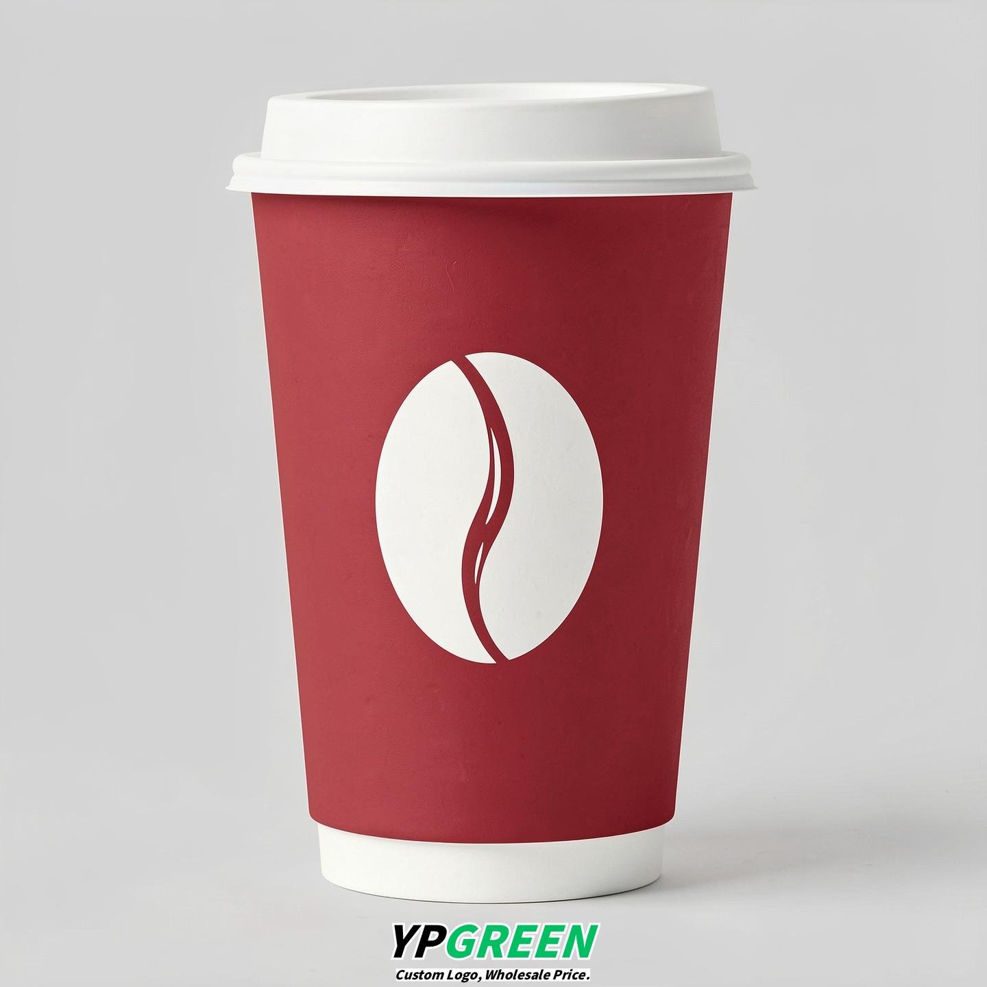 Crimson Paper Cups with Coffee Bean Logo & Lids 8-24oz