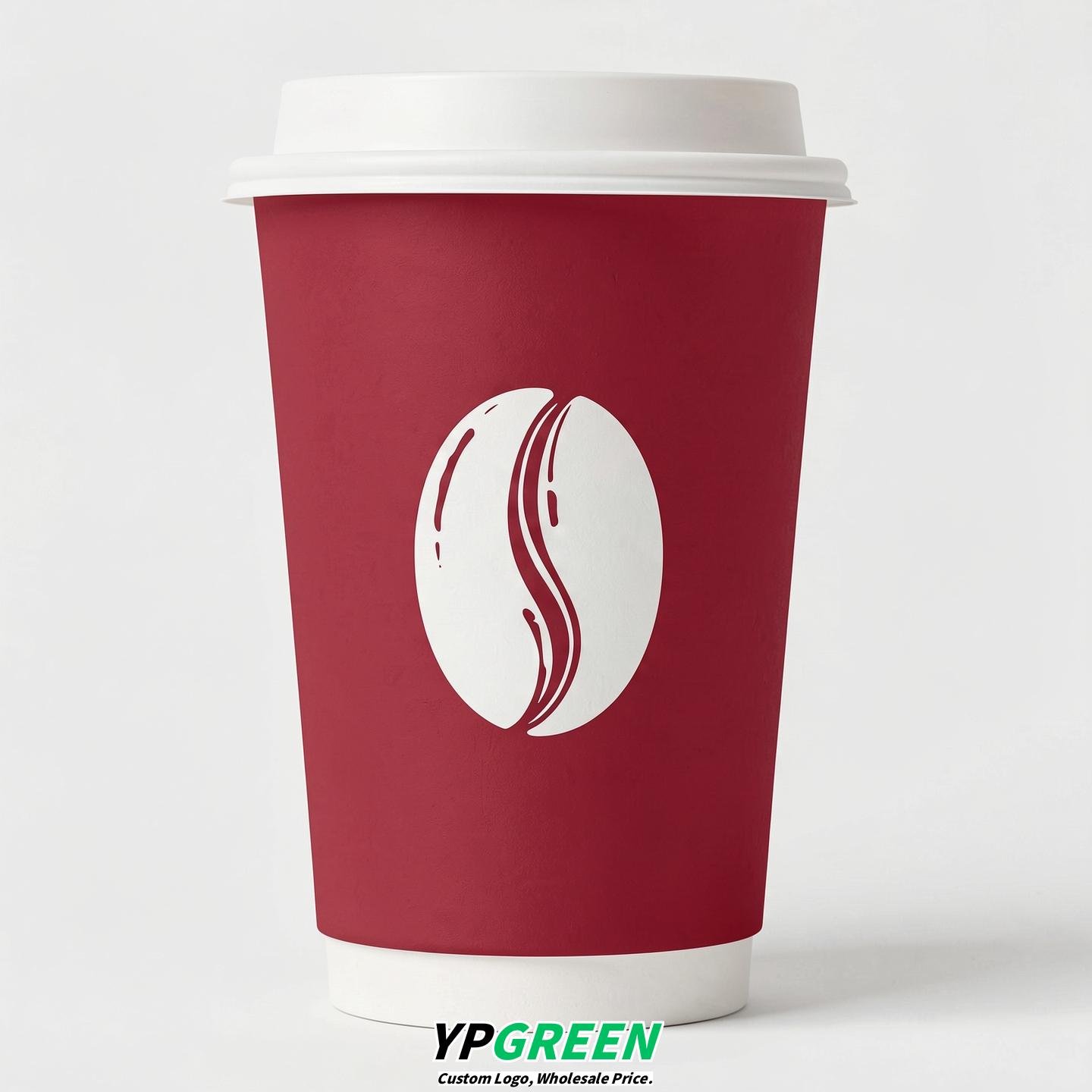 Crimson Paper Cups with Coffee Bean Logo & Lids 8-24oz