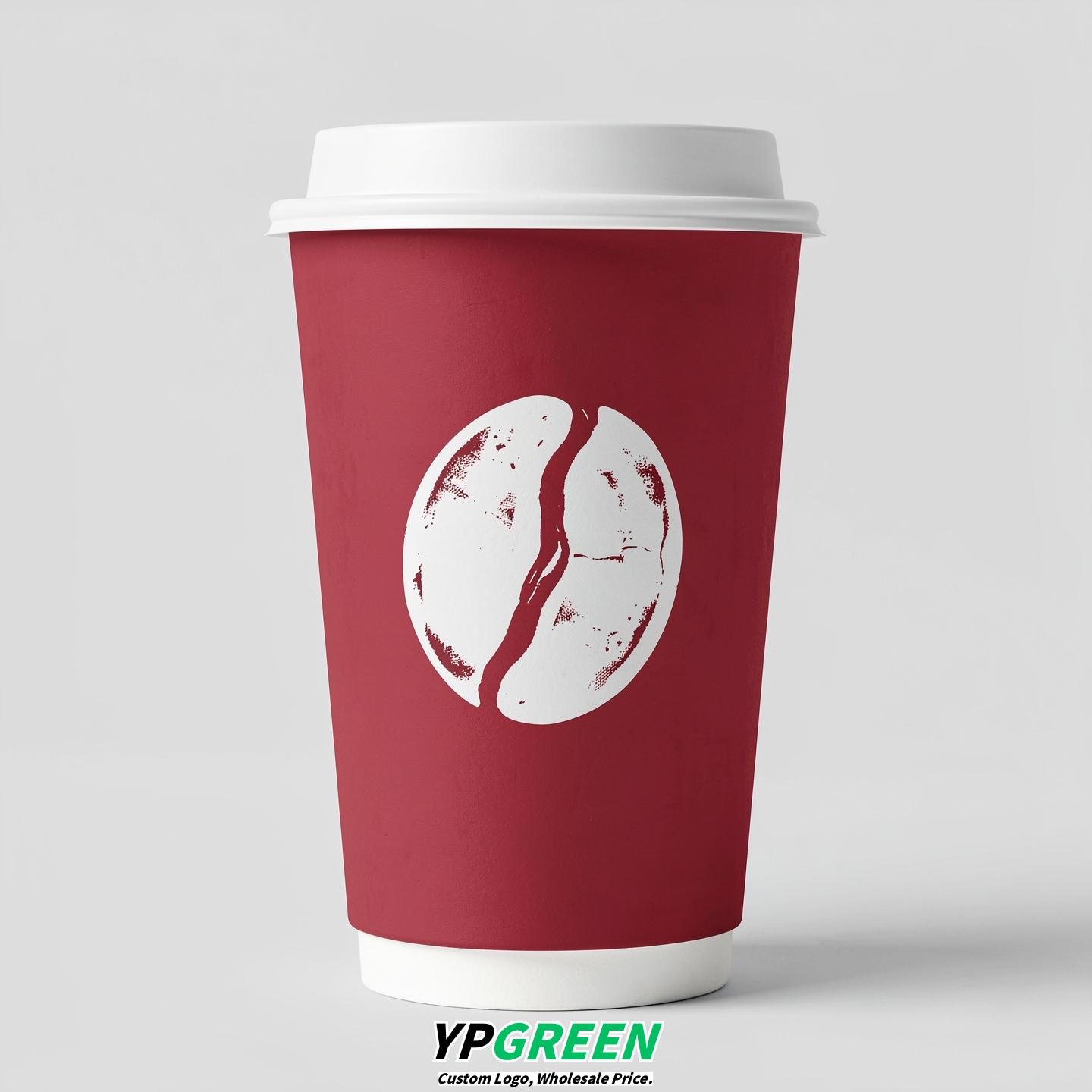 Crimson Paper Cups with Coffee Bean Logo & Lids 8-24oz