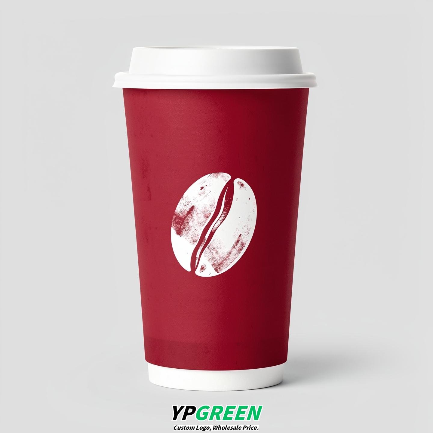 Crimson Paper Cups with Coffee Bean Logo & Lids 8-24oz