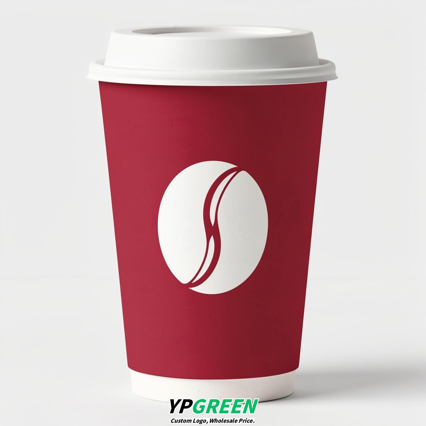 Crimson Paper Cups with Coffee Bean Logo & Lids 8-24oz