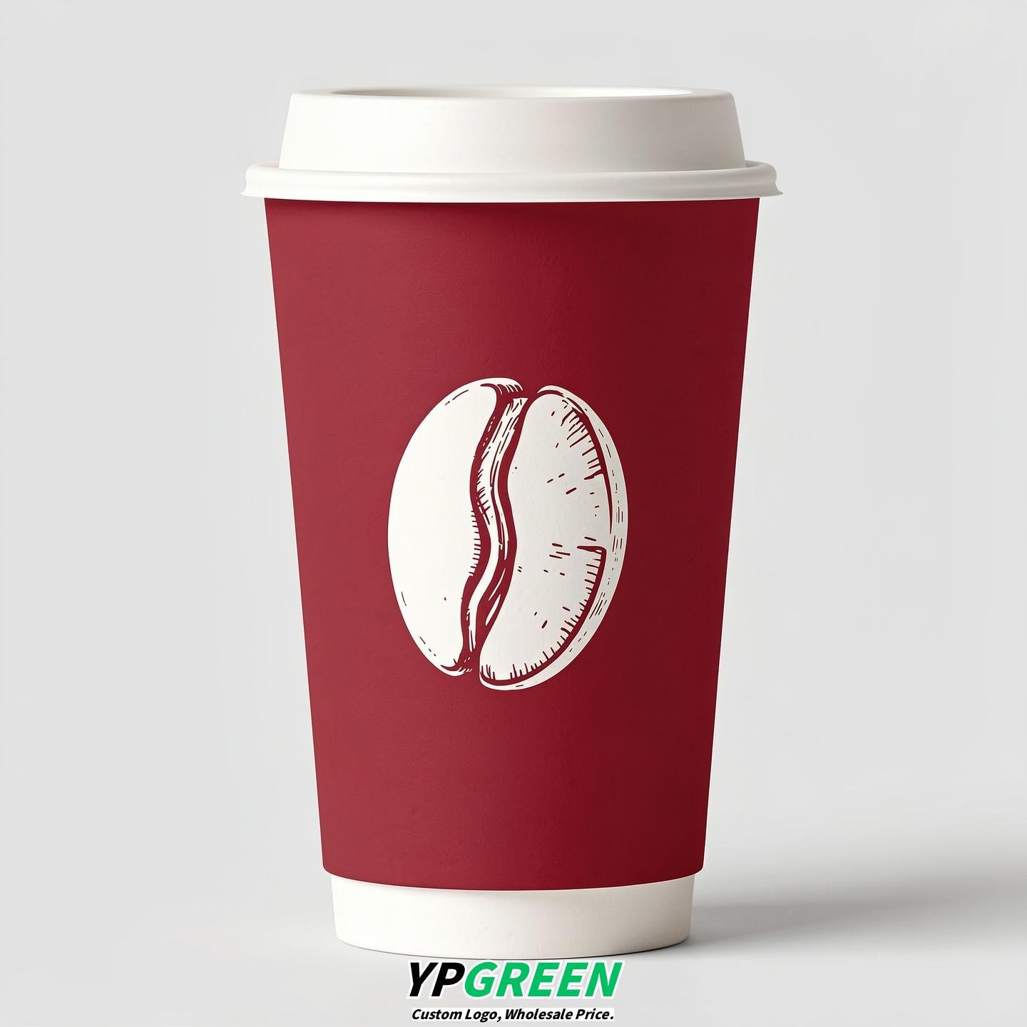 Crimson Paper Cups with Coffee Bean Logo & Lids 8-24oz