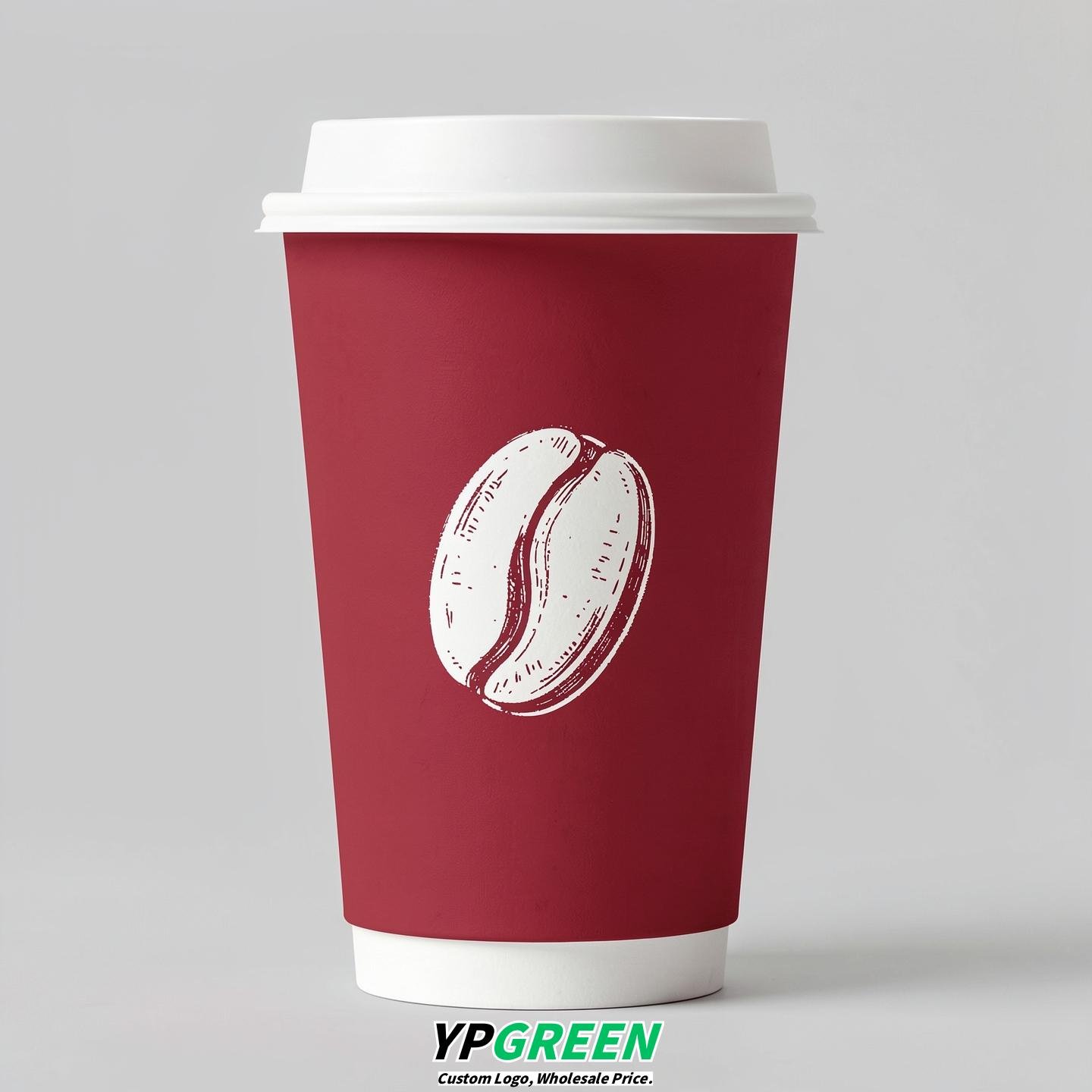 Crimson Paper Cups with Coffee Bean Logo & Lids 8-24oz
