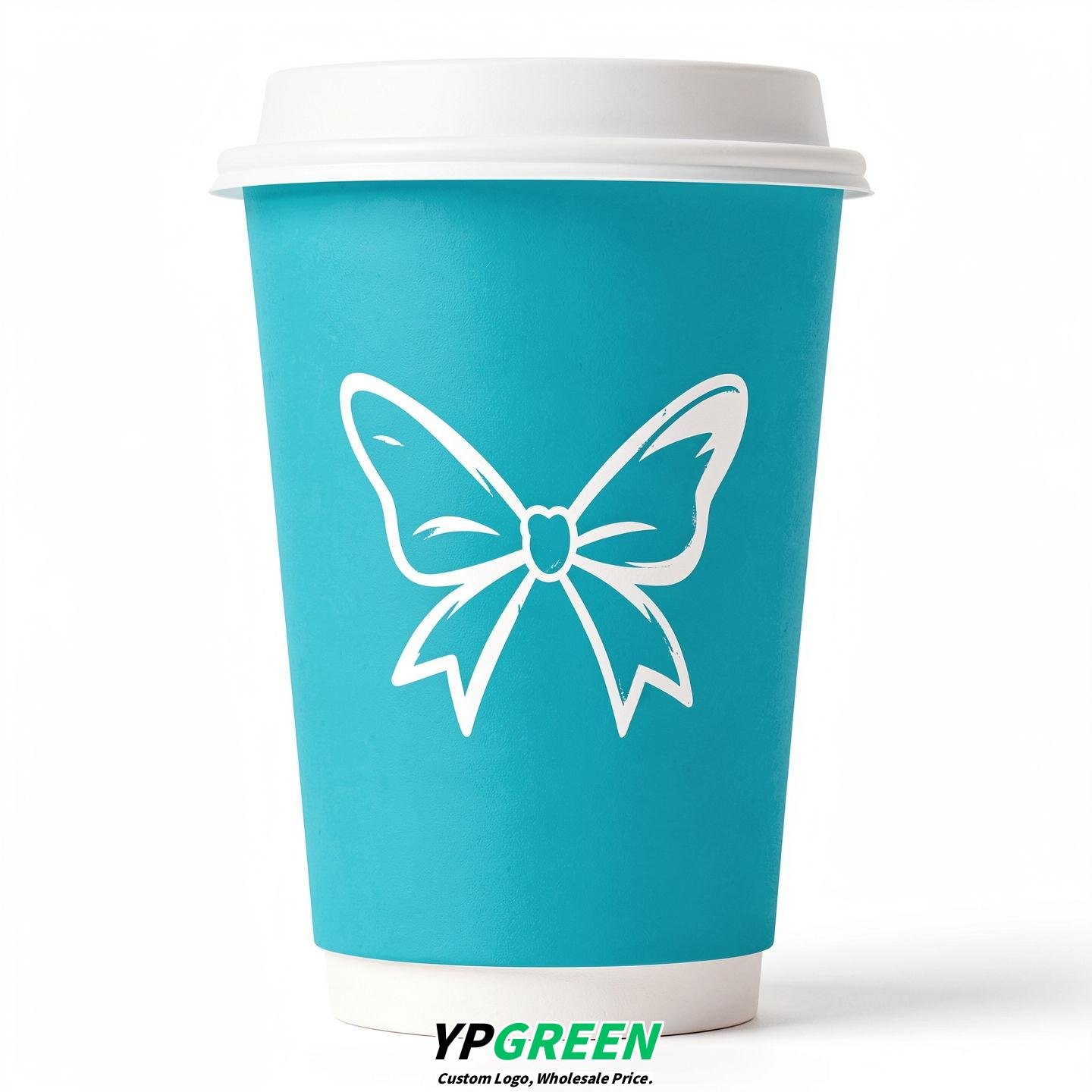 Cyan Paper Cups with Bow Logo & Lids 8-24oz