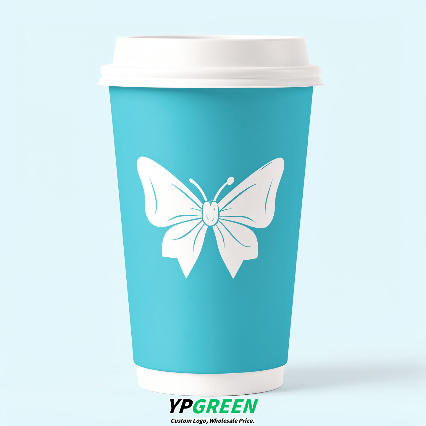 Cyan Paper Cups with Bow Logo & Lids 8-24oz