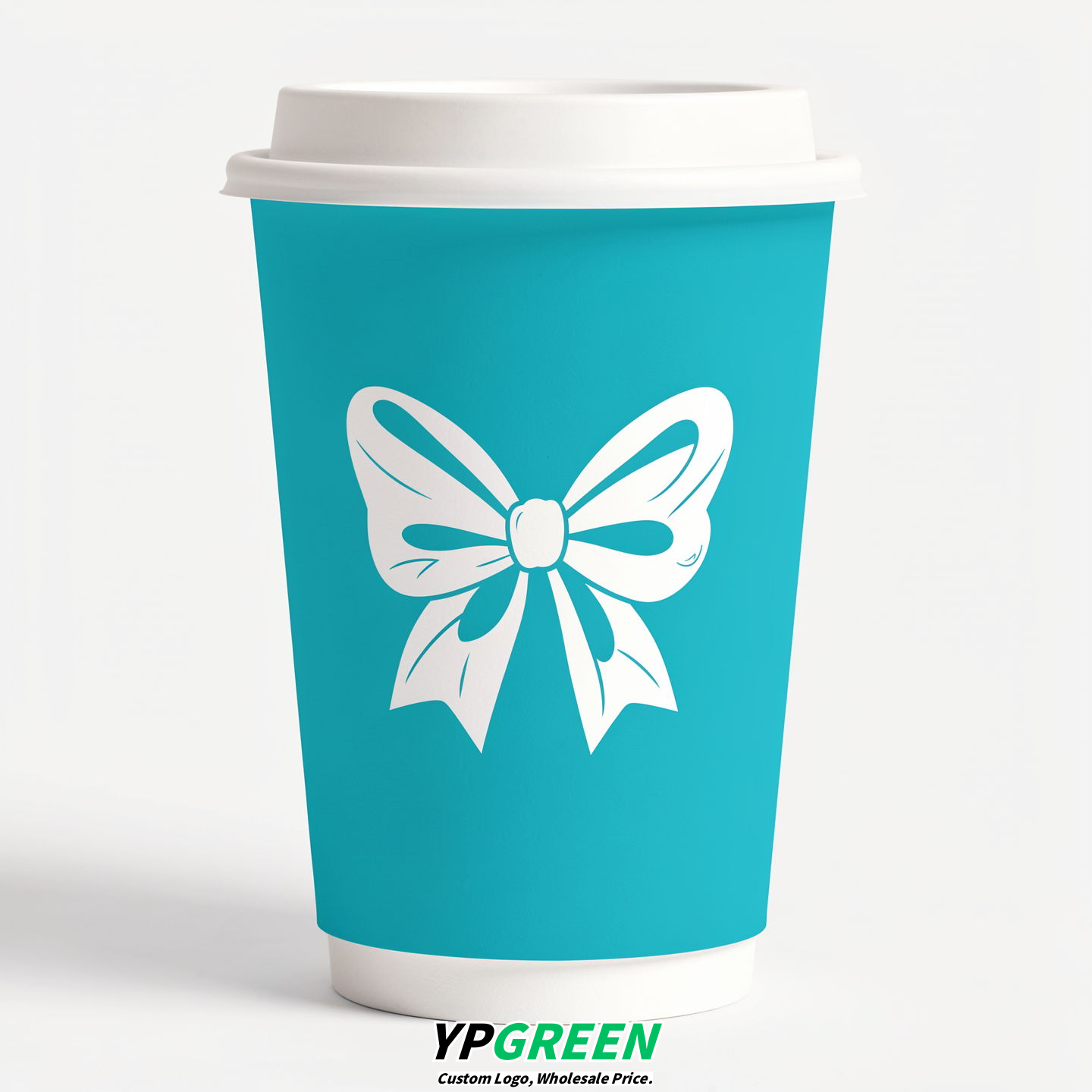 Cyan Paper Cups with Bow Logo & Lids 8-24oz