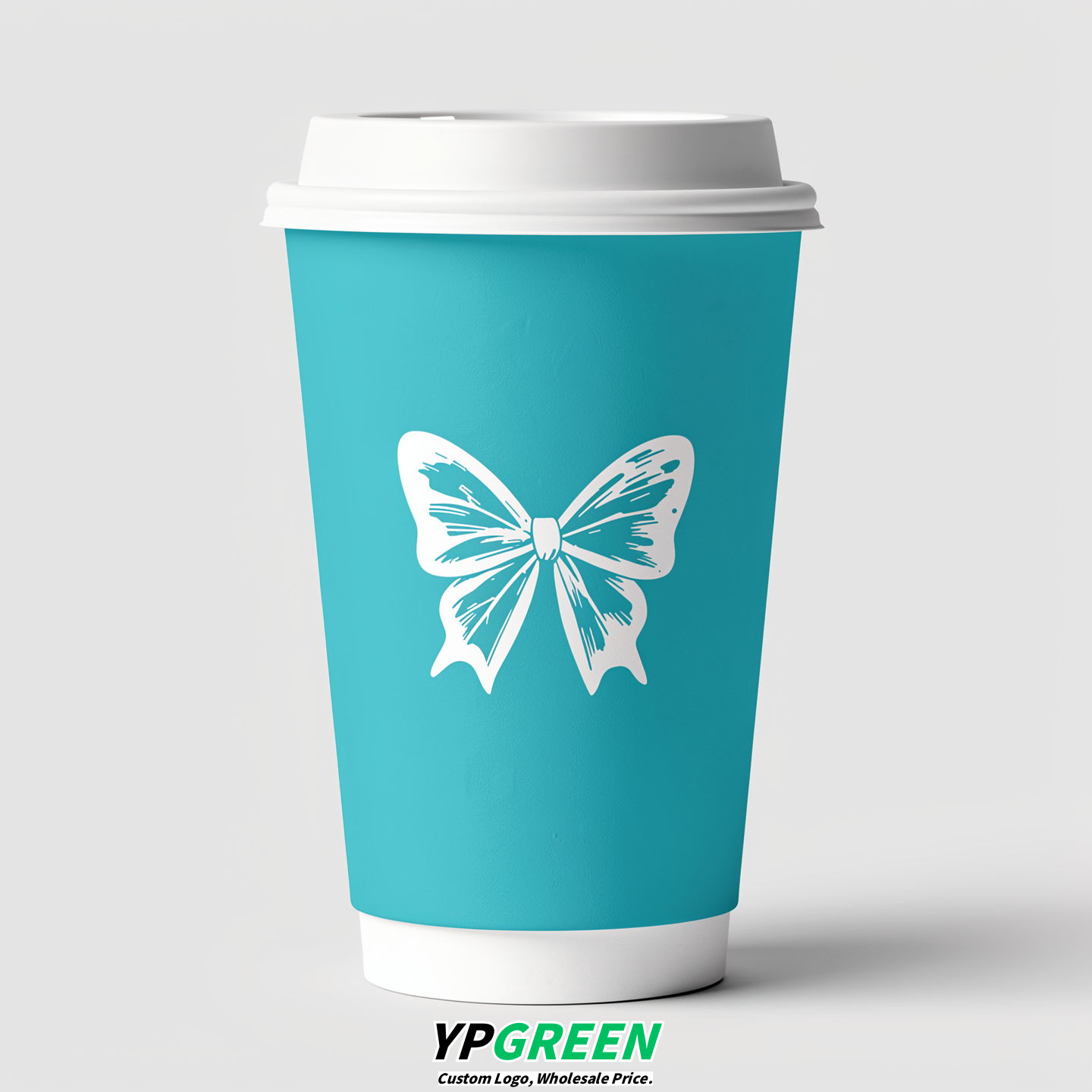 Cyan Paper Cups with Bow Logo & Lids 8-24oz