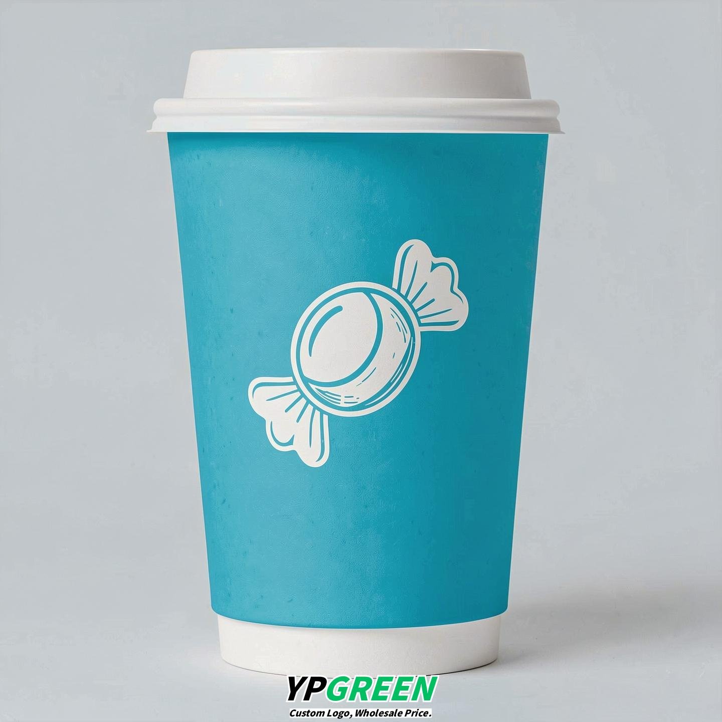 Cyan Paper Cups with Candy Logo & Lids 8-24oz