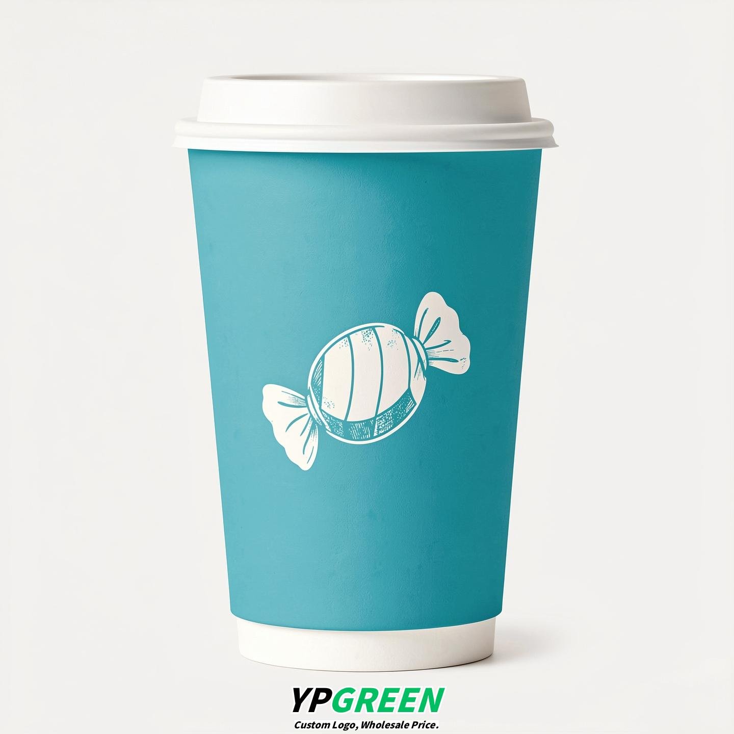 Cyan Paper Cups with Candy Logo & Lids 8-24oz