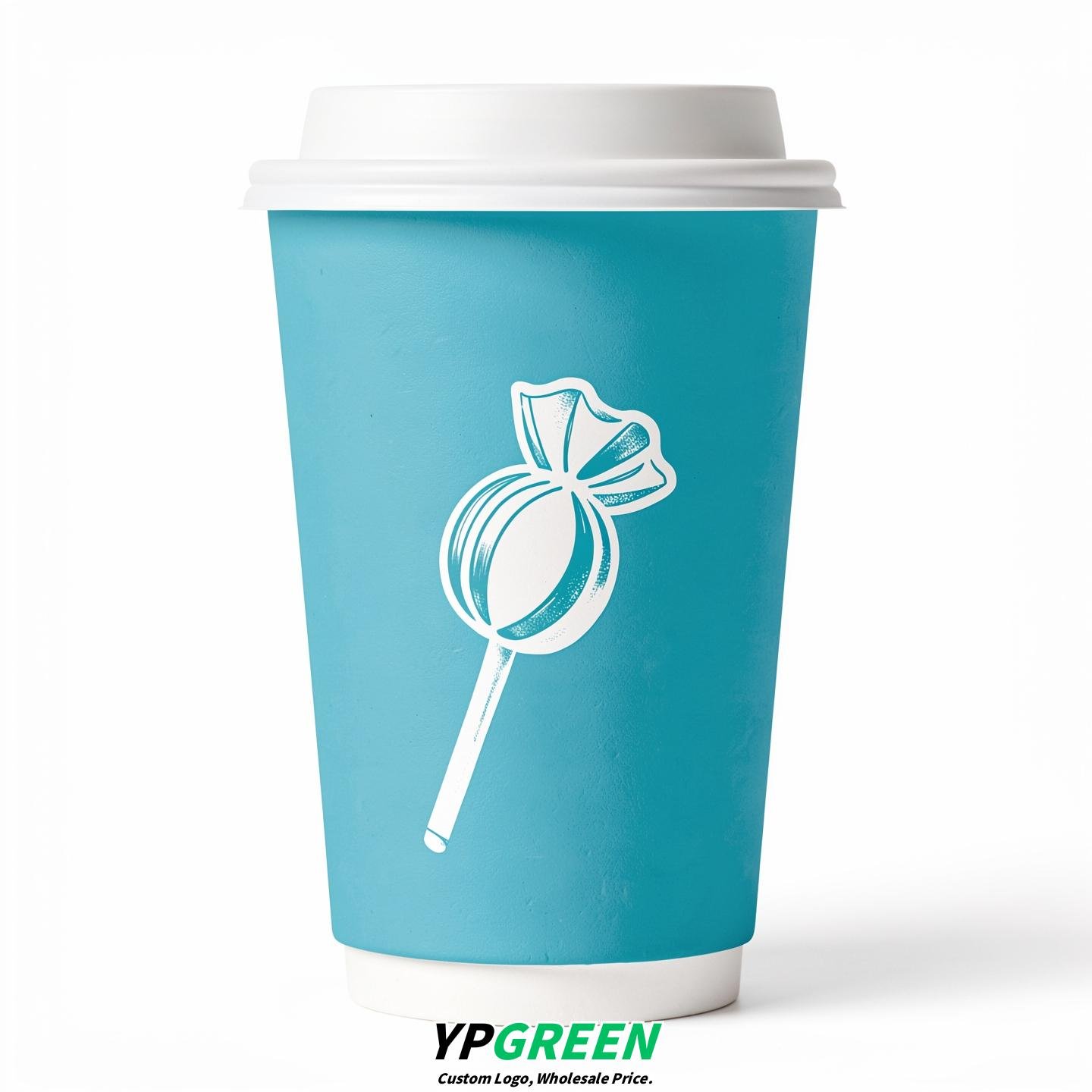 Cyan Paper Cups with Candy Logo & Lids 8-24oz