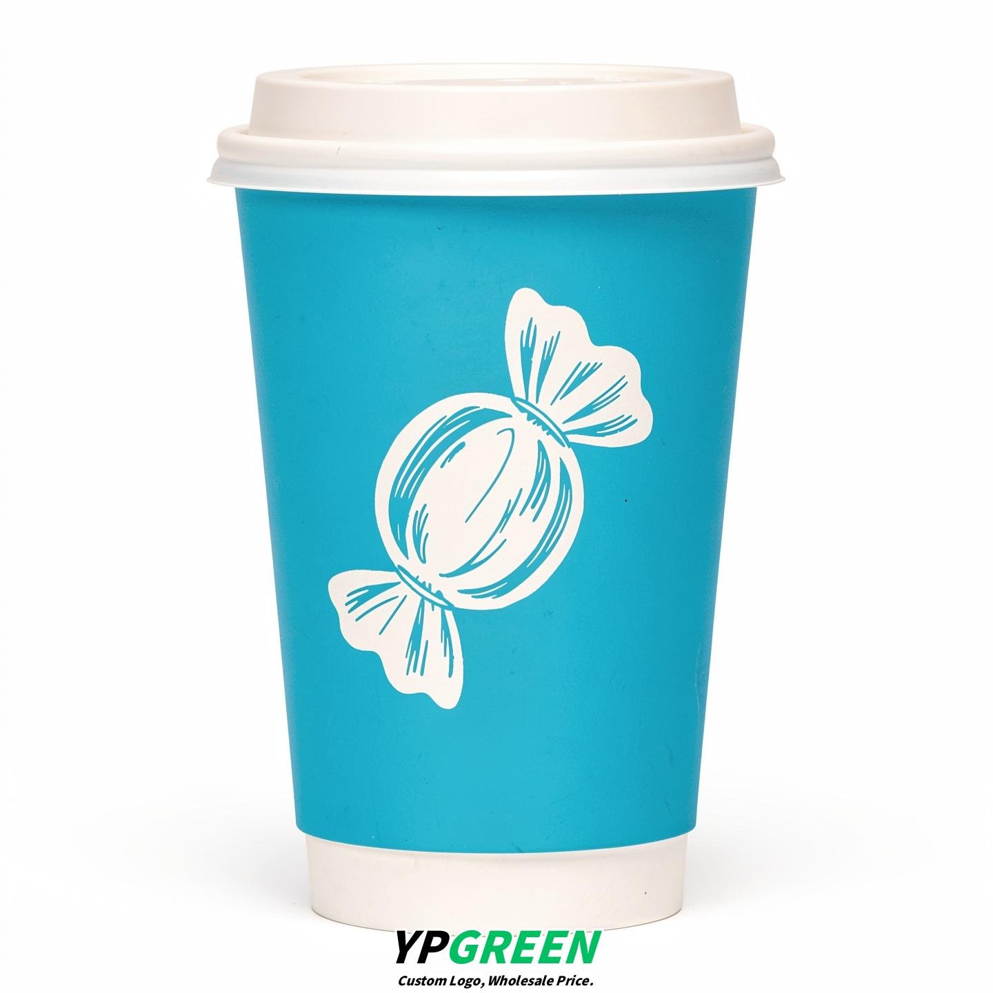 Cyan Paper Cups with Candy Logo & Lids 8-24oz
