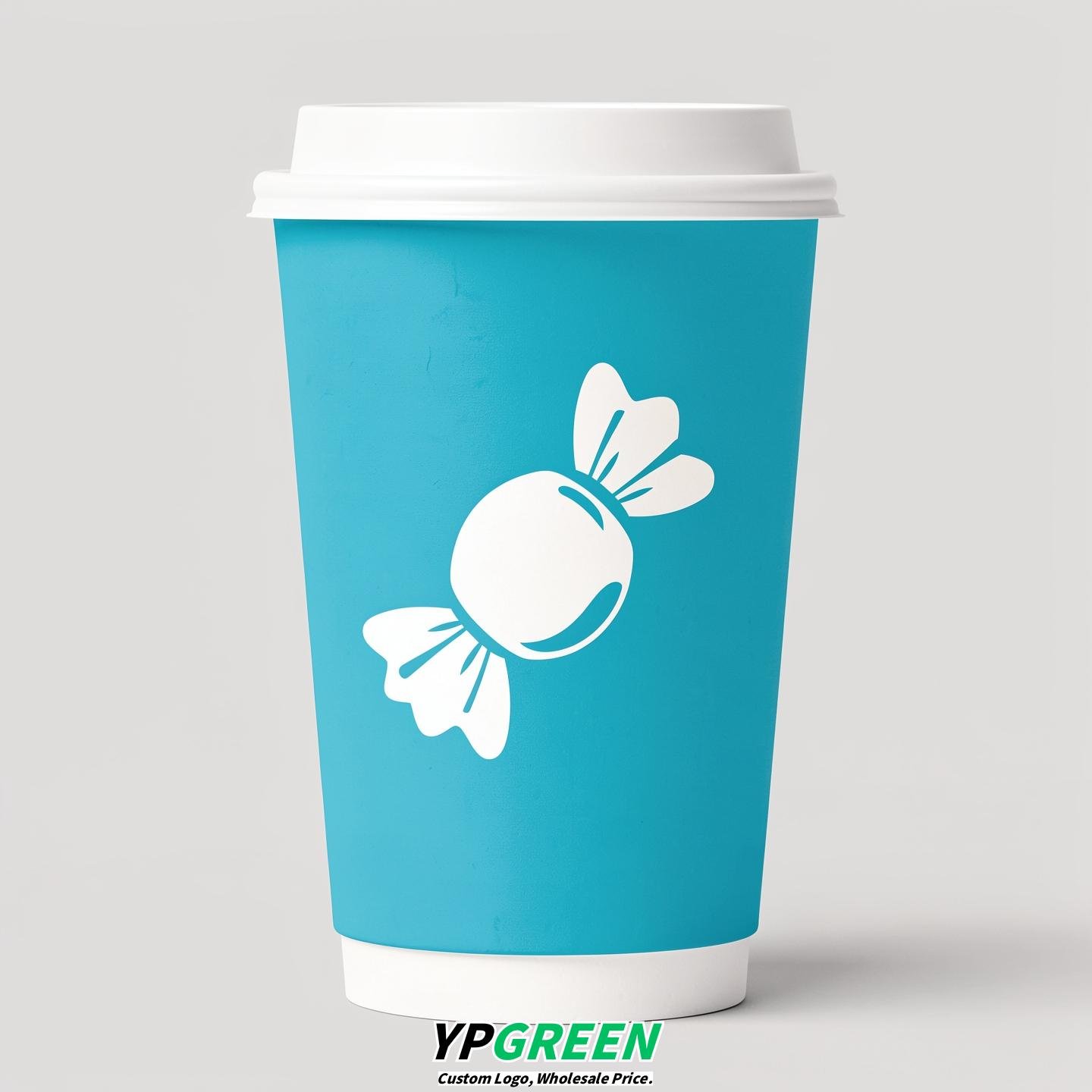 Cyan Paper Cups with Candy Logo & Lids 8-24oz