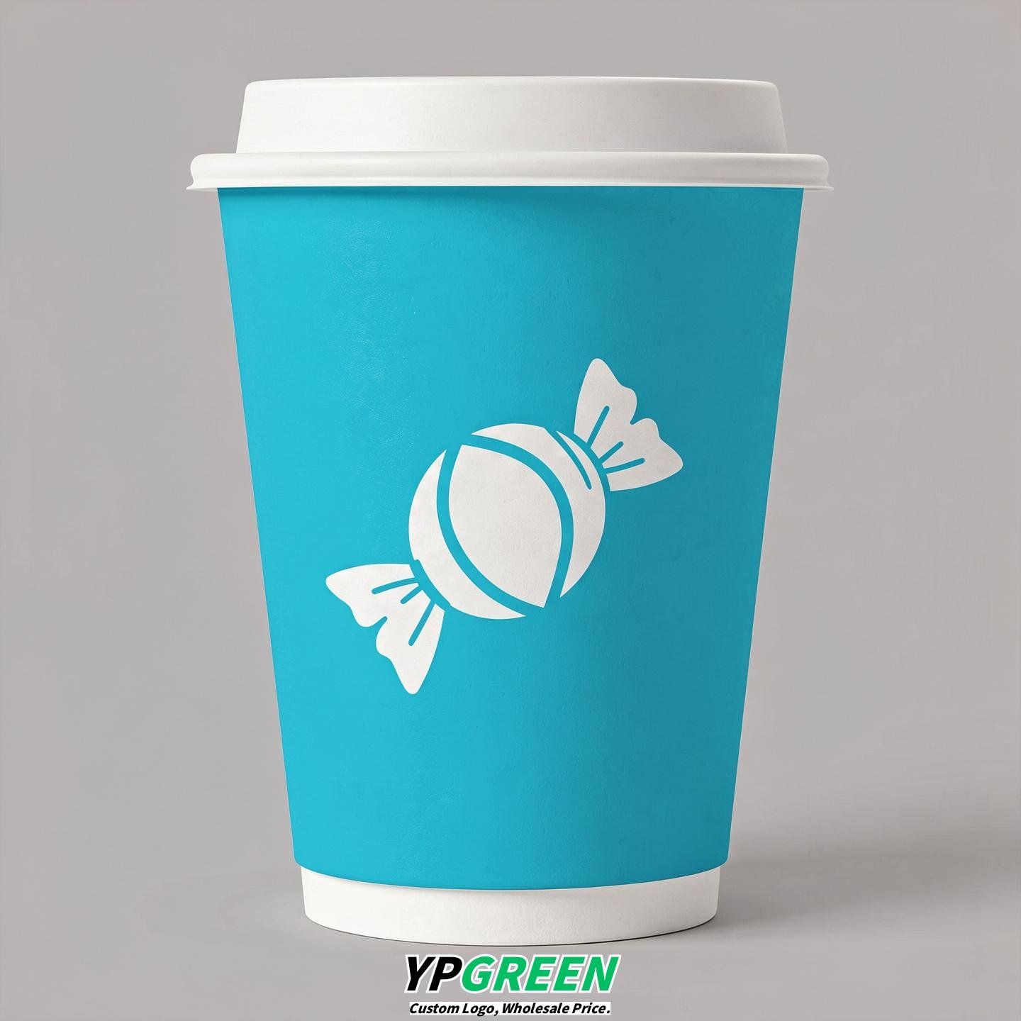 Cyan Paper Cups with Candy Logo & Lids 8-24oz