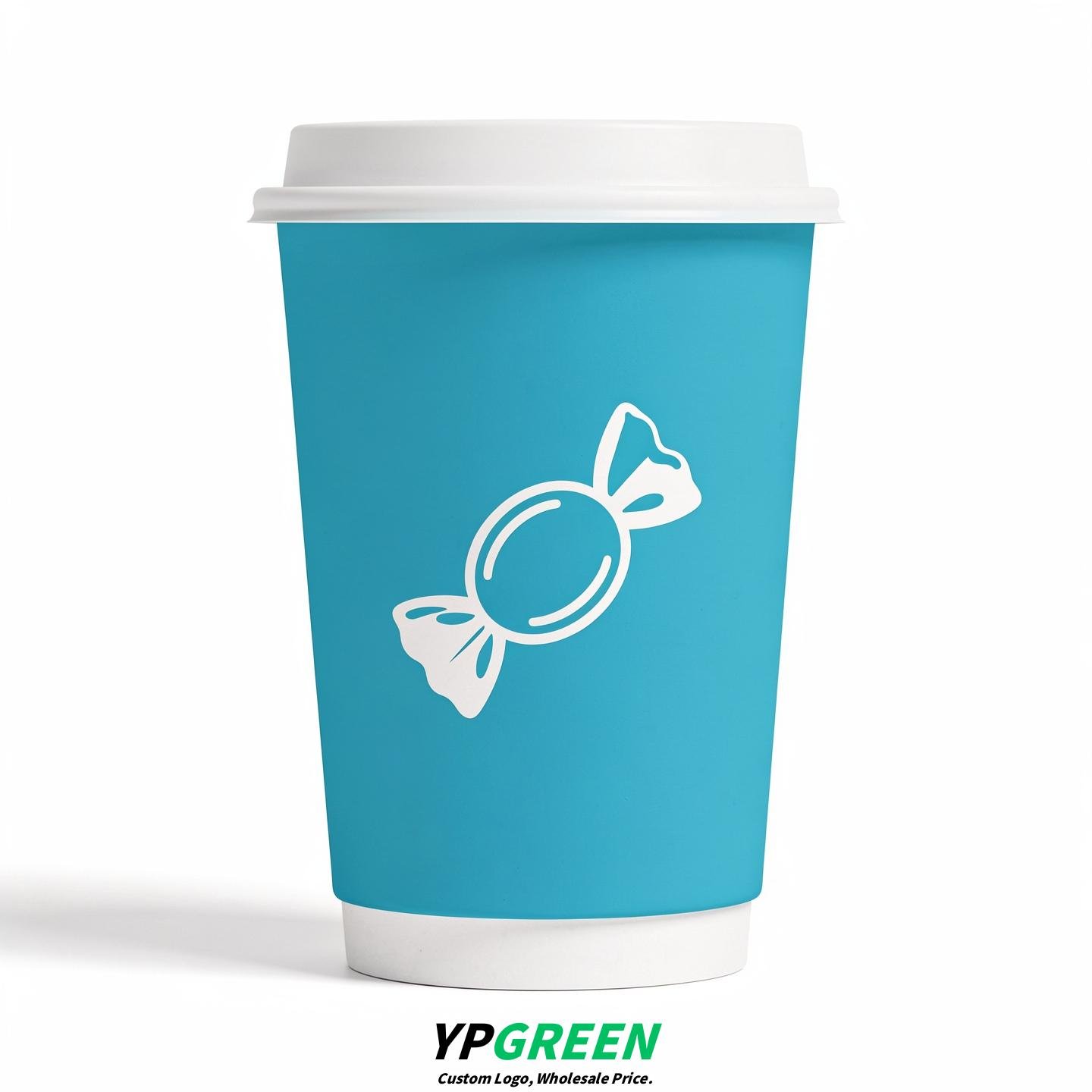 Cyan Paper Cups with Candy Logo & Lids 8-24oz