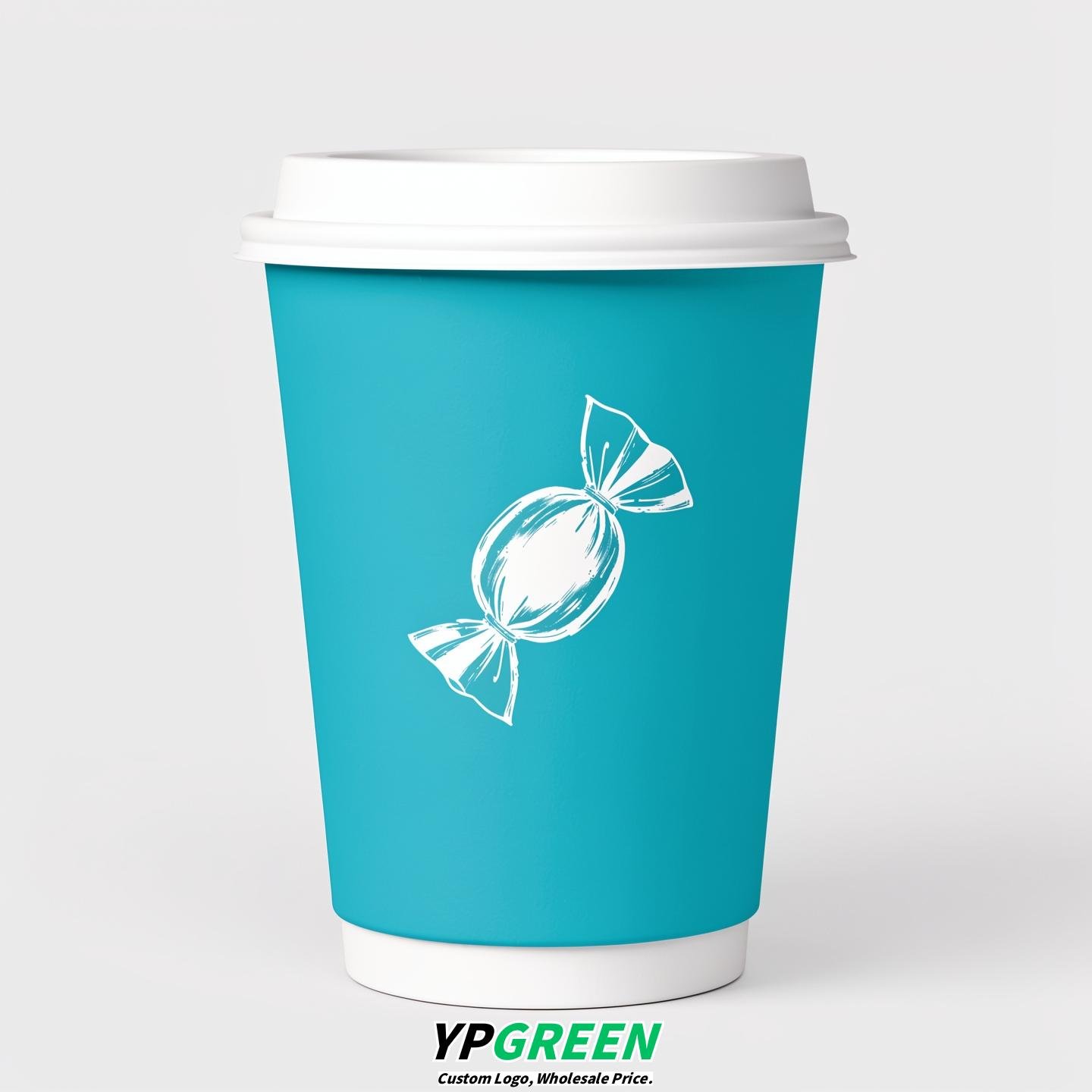 Cyan Paper Cups with Candy Logo & Lids 8-24oz