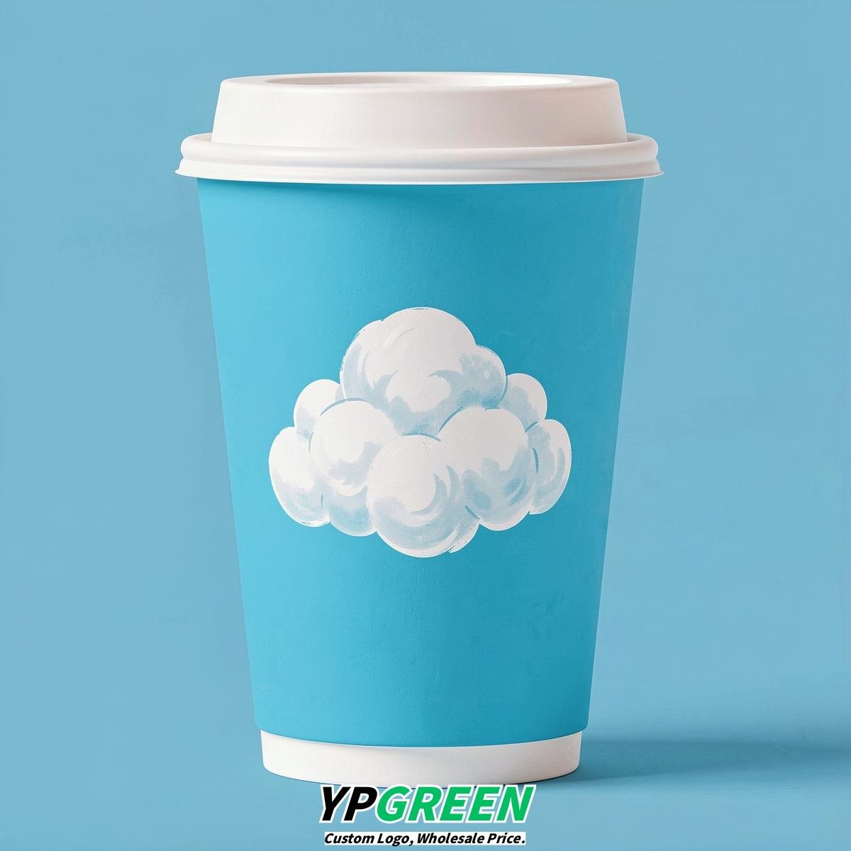 Cyan Paper Cups with Clouds Logo & Lids 8-24oz