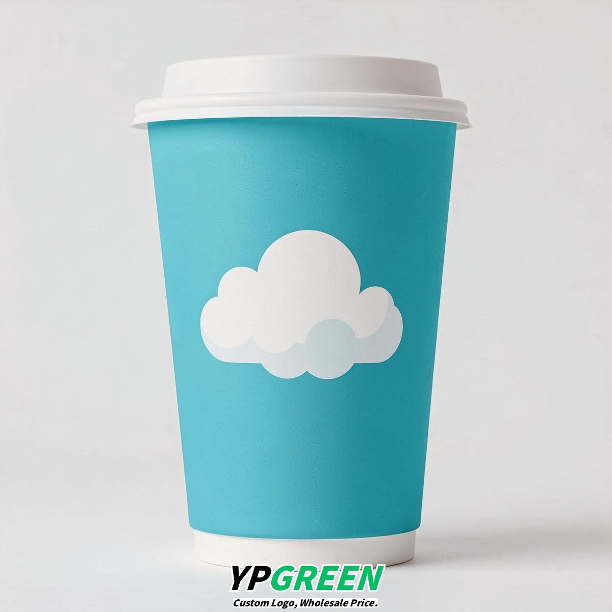 Cyan Paper Cups with Clouds Logo & Lids 8-24oz