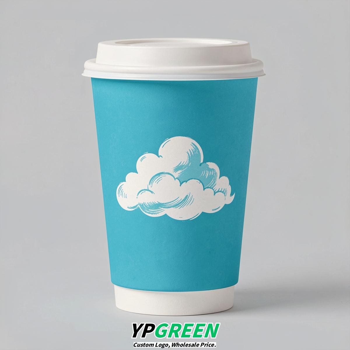 Cyan Paper Cups with Clouds Logo & Lids 8-24oz