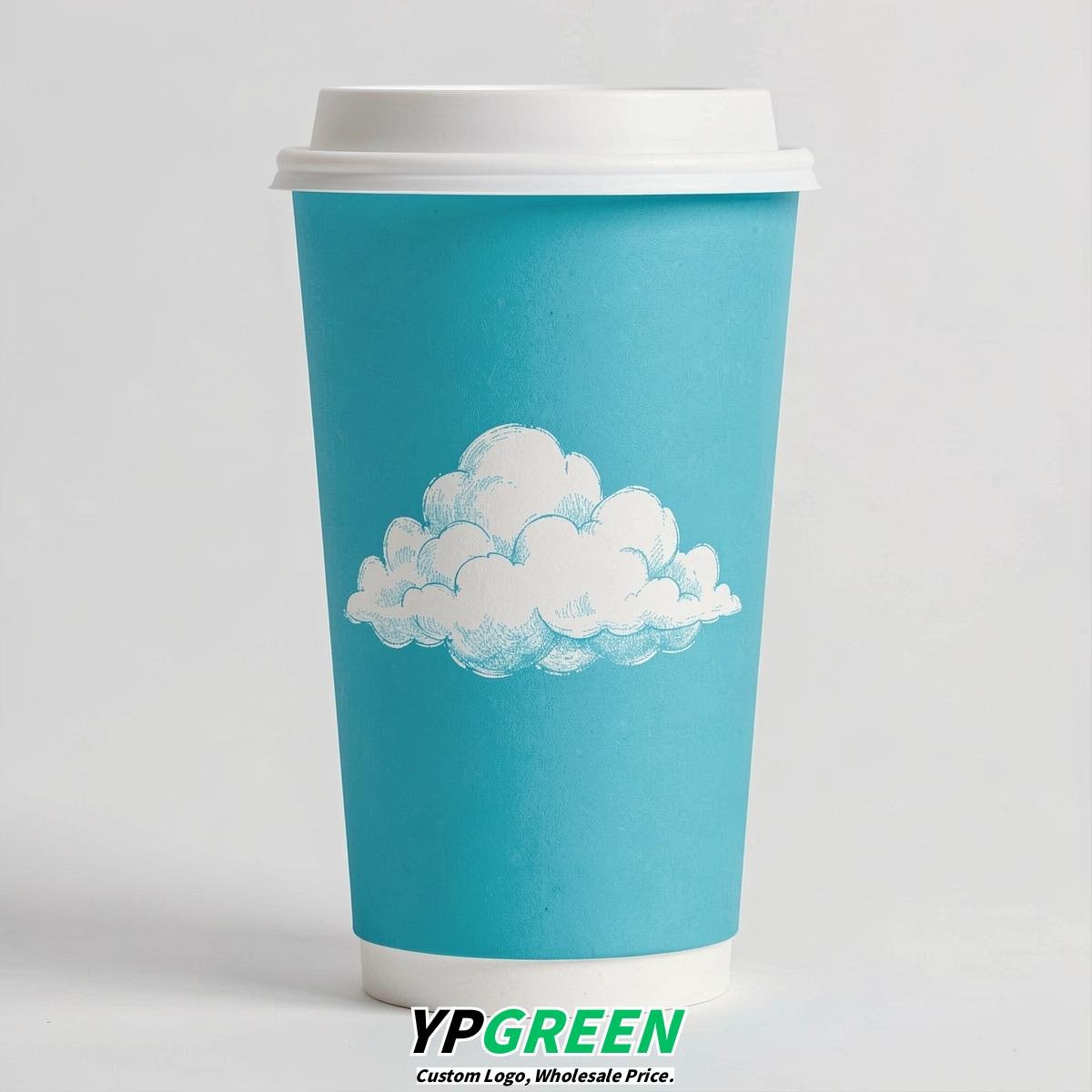 Cyan Paper Cups with Clouds Logo & Lids 8-24oz