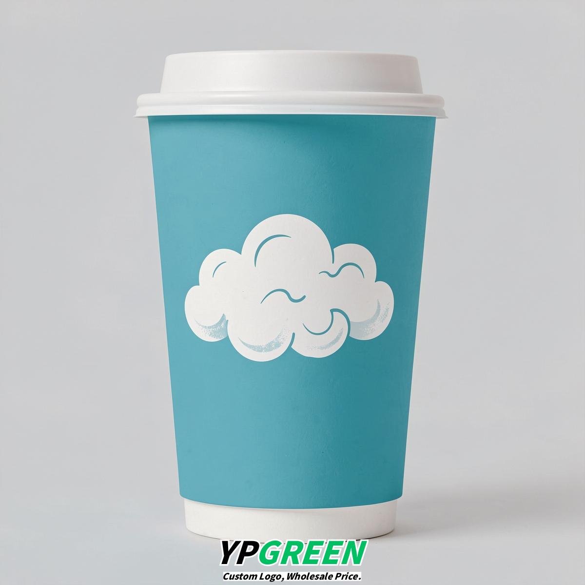 Cyan Paper Cups with Clouds Logo & Lids 8-24oz