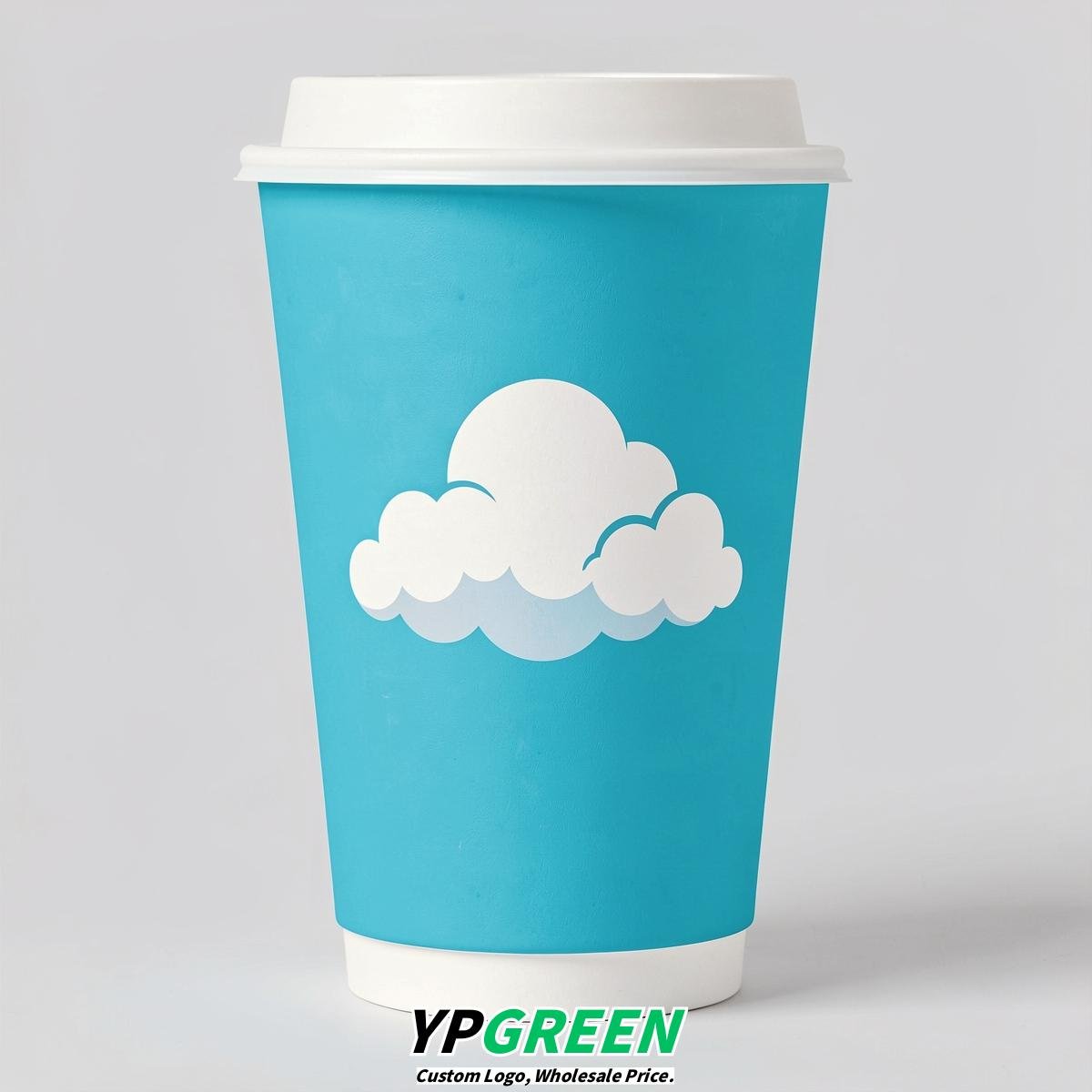 Cyan Paper Cups with Clouds Logo & Lids 8-24oz