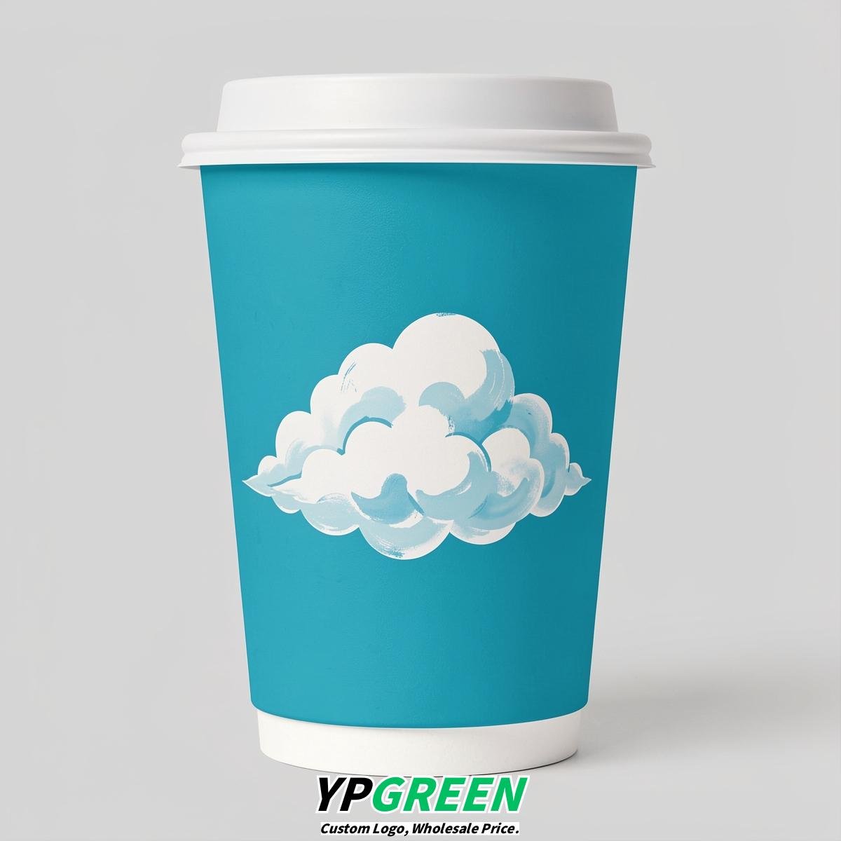 Cyan Paper Cups with Clouds Logo & Lids 8-24oz