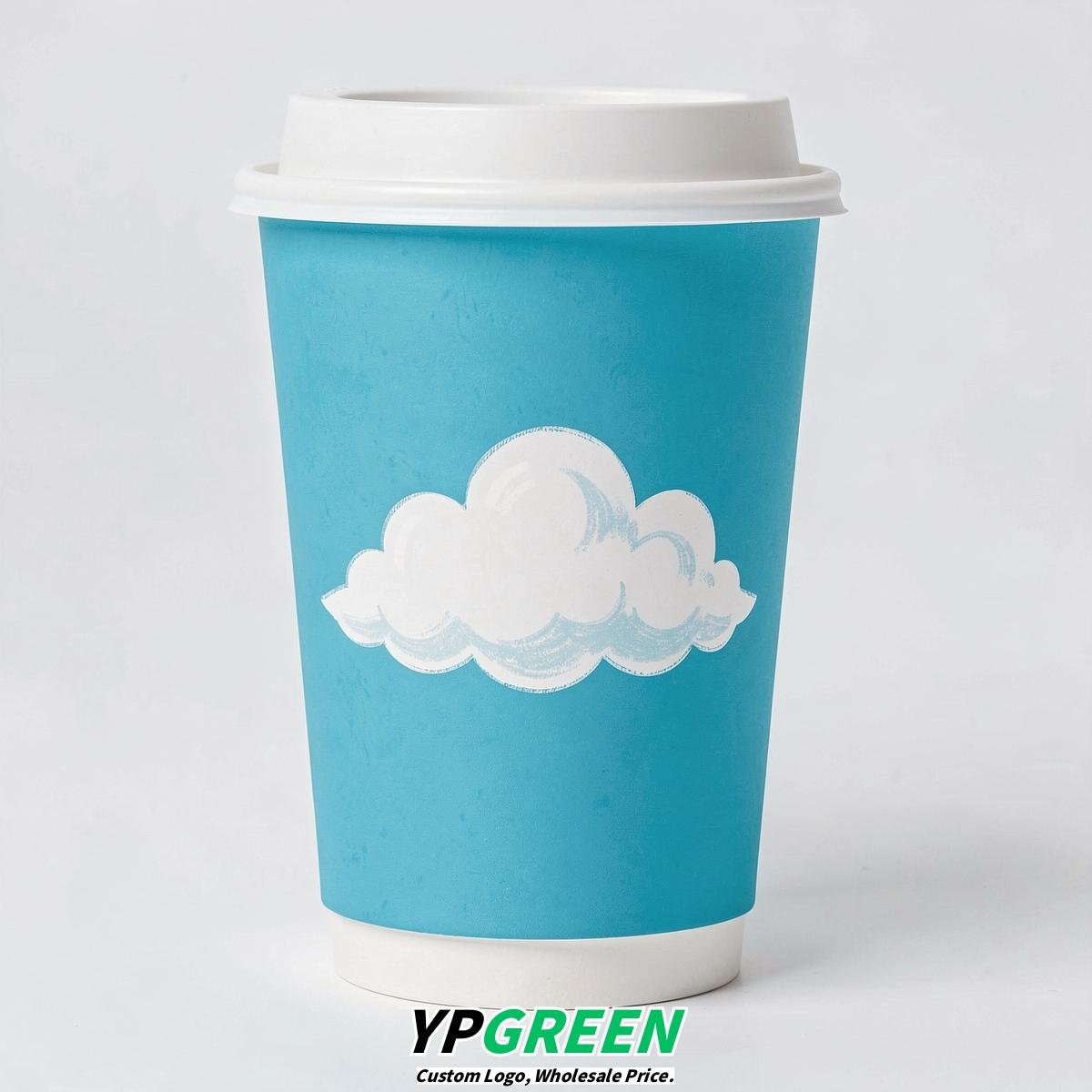 Cyan Paper Cups with Clouds Logo & Lids 8-24oz