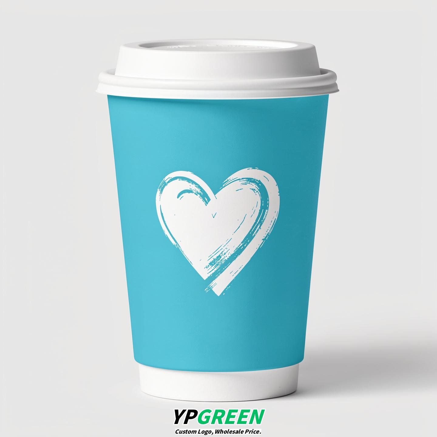 Cyan Heart Paper Cups with Lids 8-24oz
