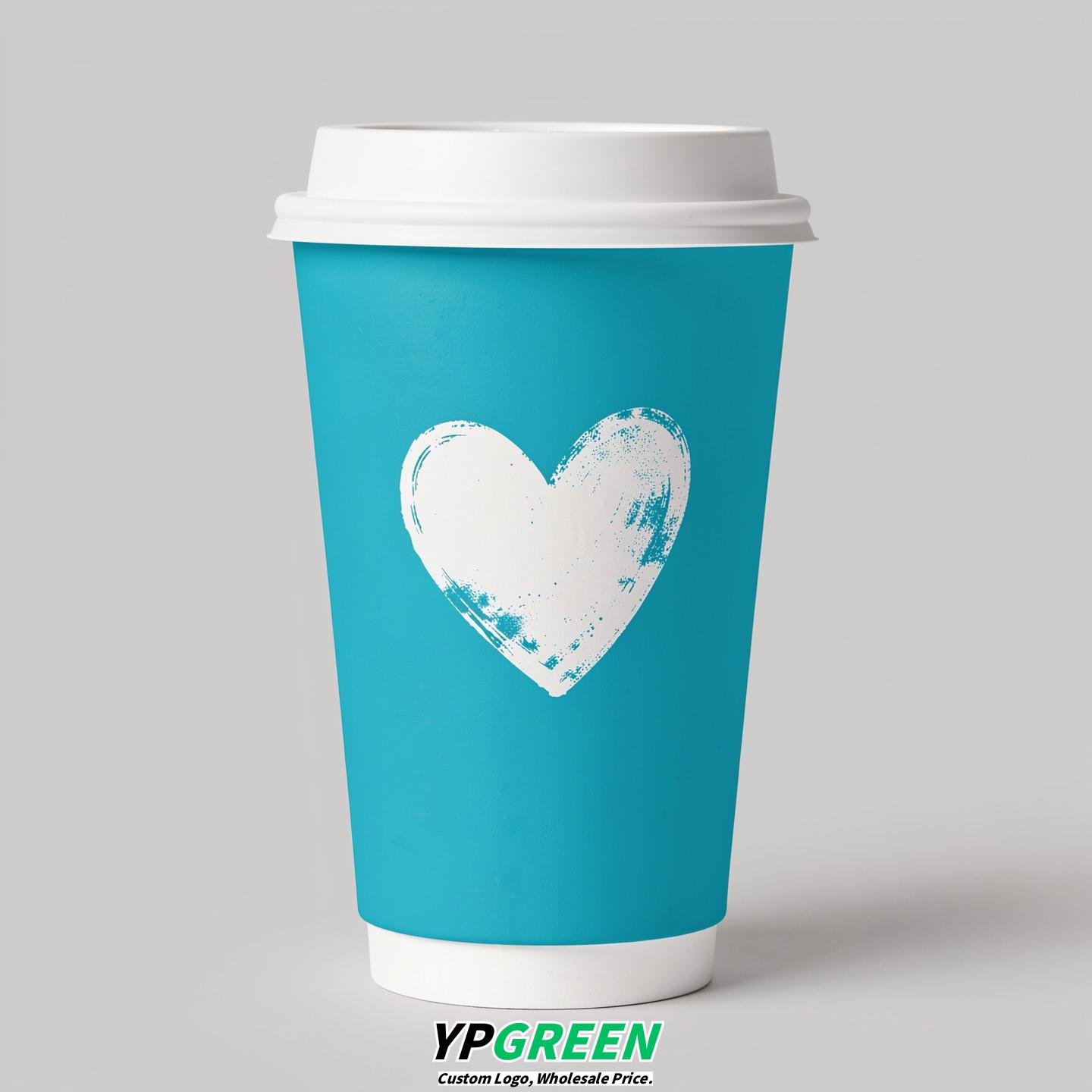 Cyan Heart Paper Cups with Lids 8-24oz