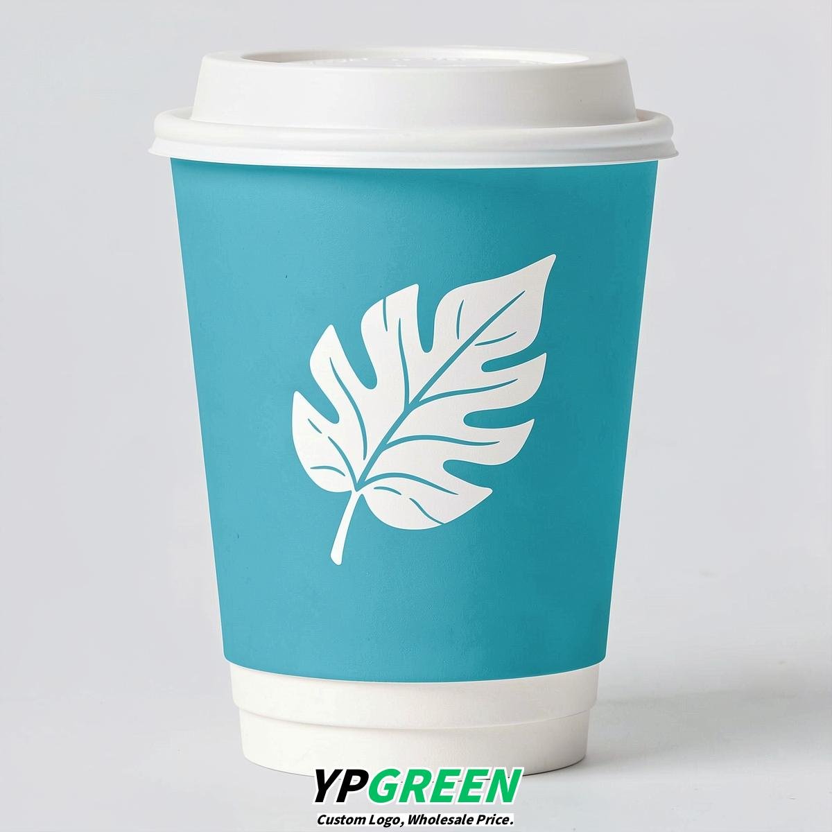 Cyan Leaves Paper Cups with Lids 8-24oz