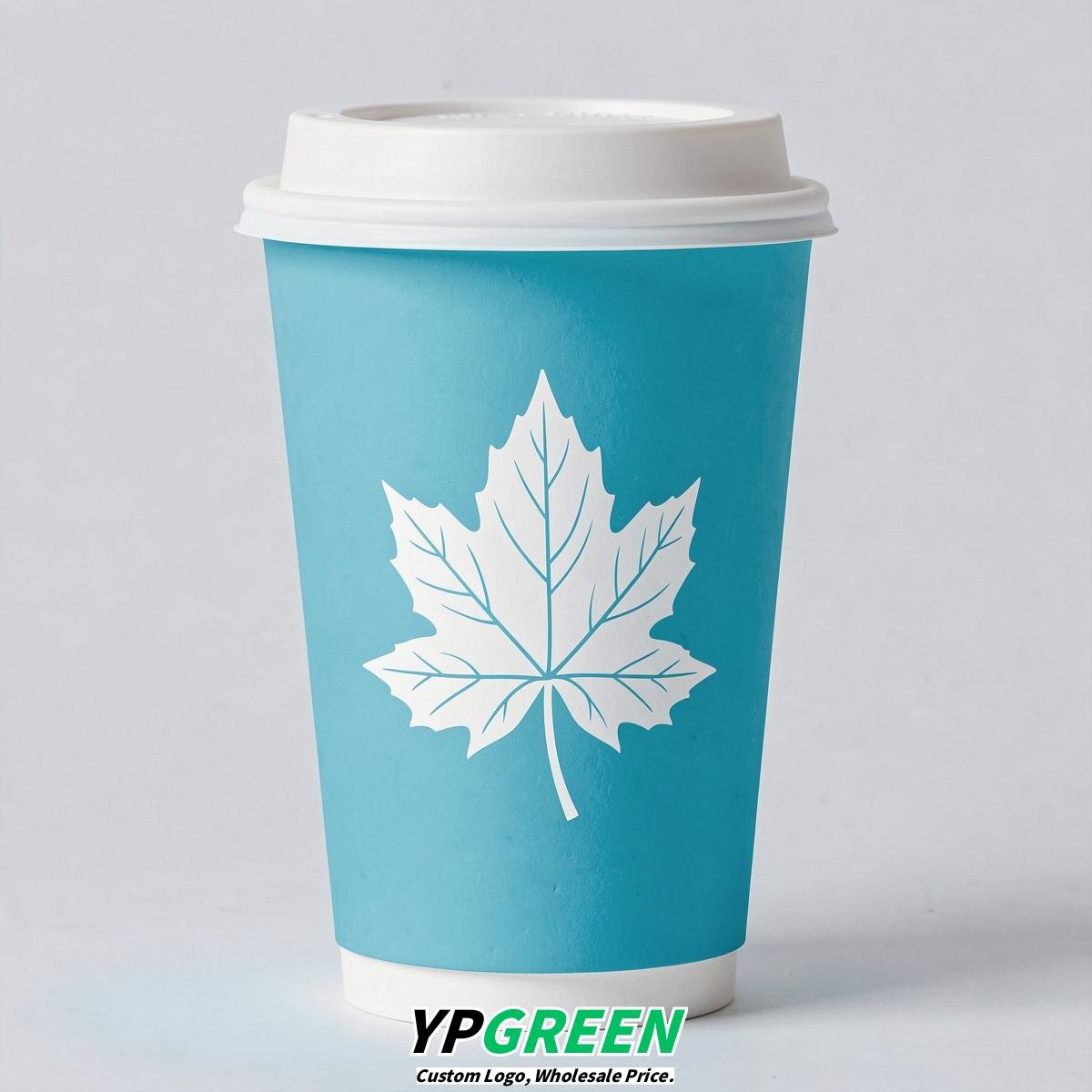Cyan Leaves Paper Cups with Lids 8-24oz