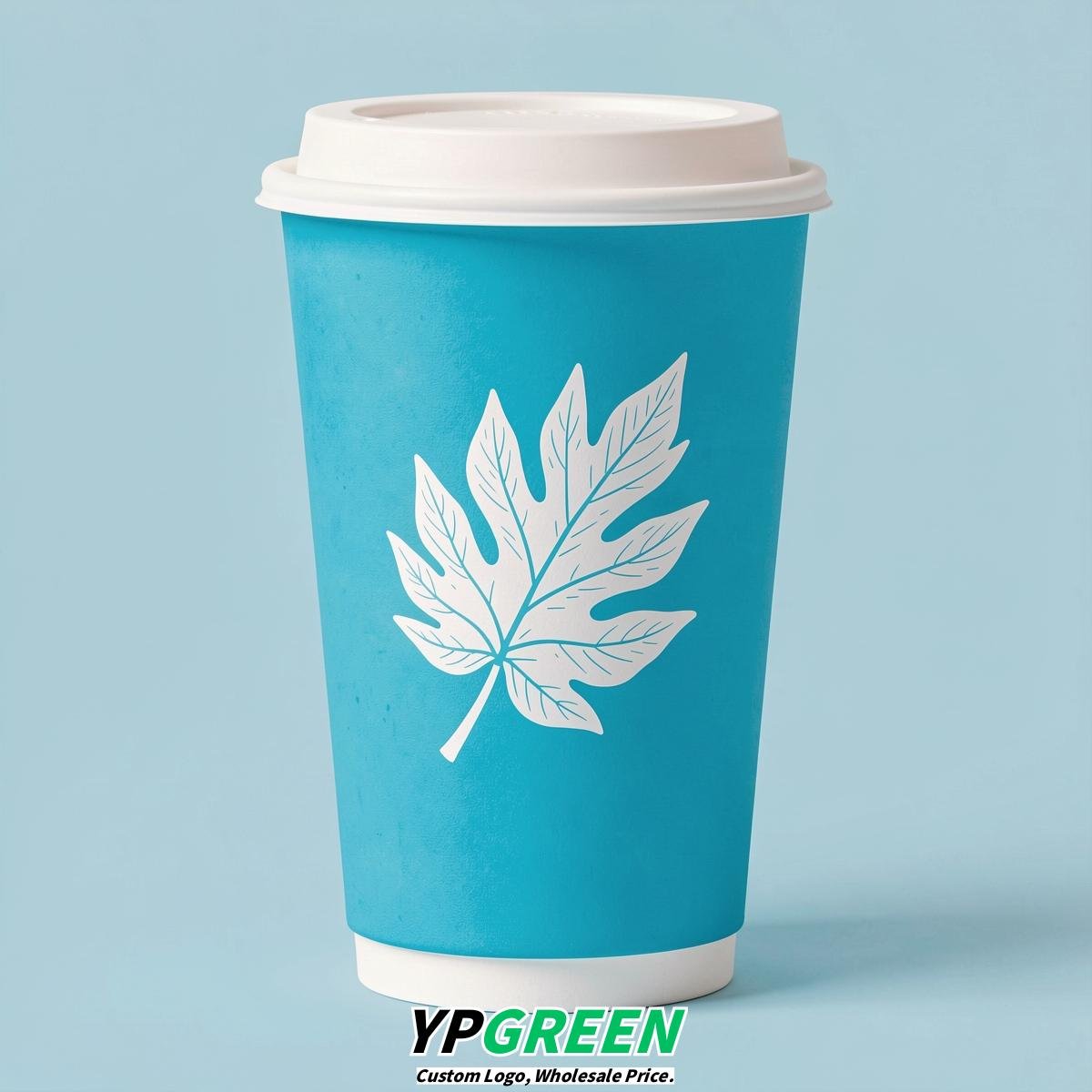 Cyan Leaves Paper Cups with Lids 8-24oz
