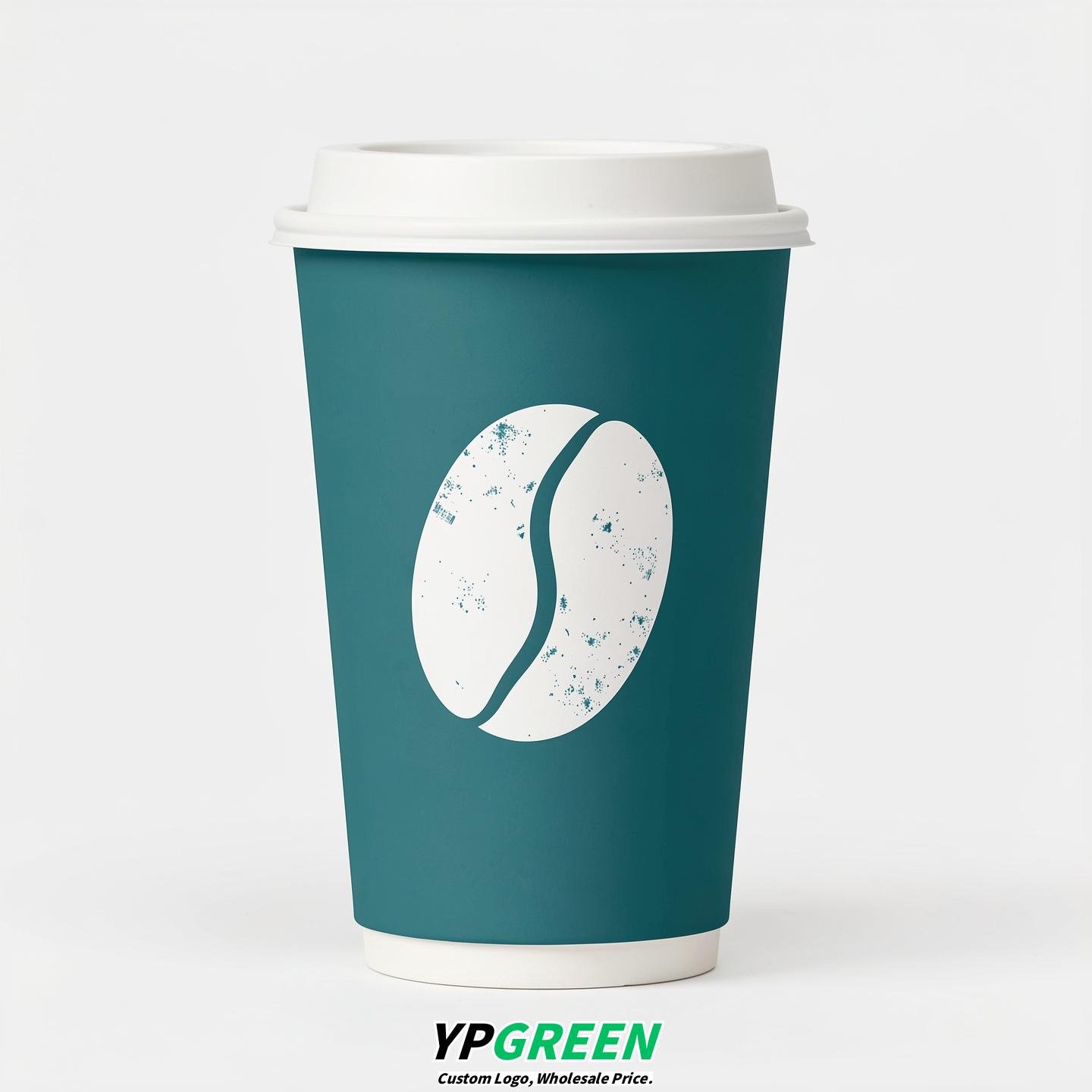 Cyan Paper Cups with Coffee Bean Logo & Lids 8-24oz