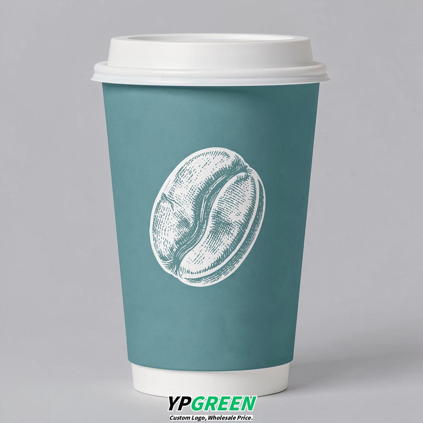 Cyan Paper Cups with Coffee Bean Logo & Lids 8-24oz