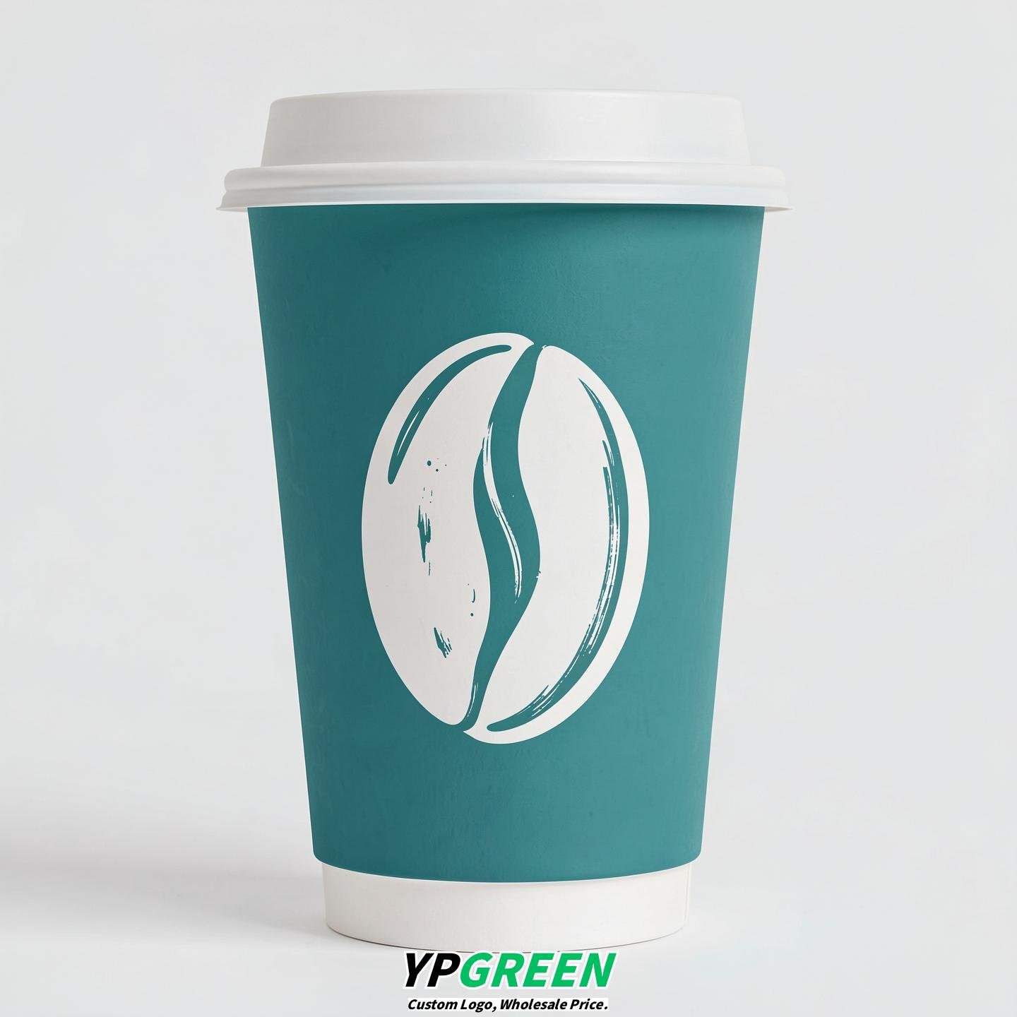 Cyan Paper Cups with Coffee Bean Logo & Lids 8-24oz