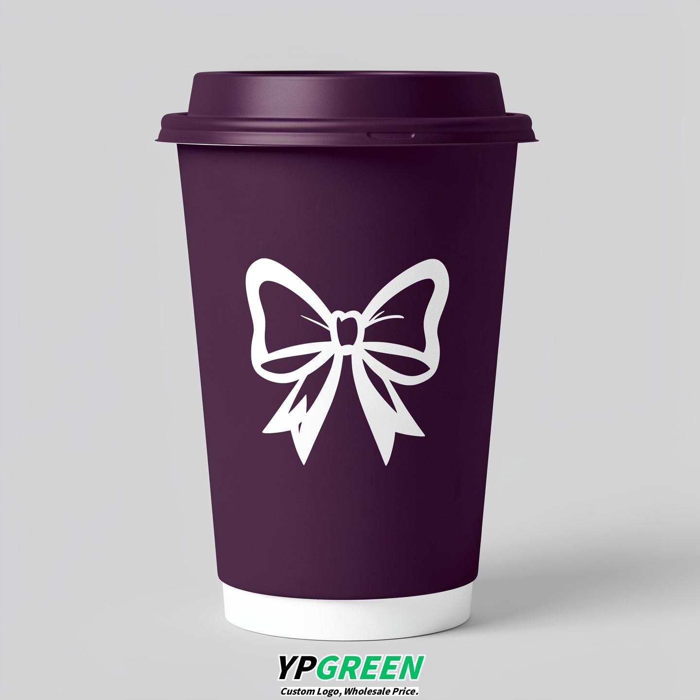 Dark Violet Paper Cups with Bow Logo & Lids 8-24oz